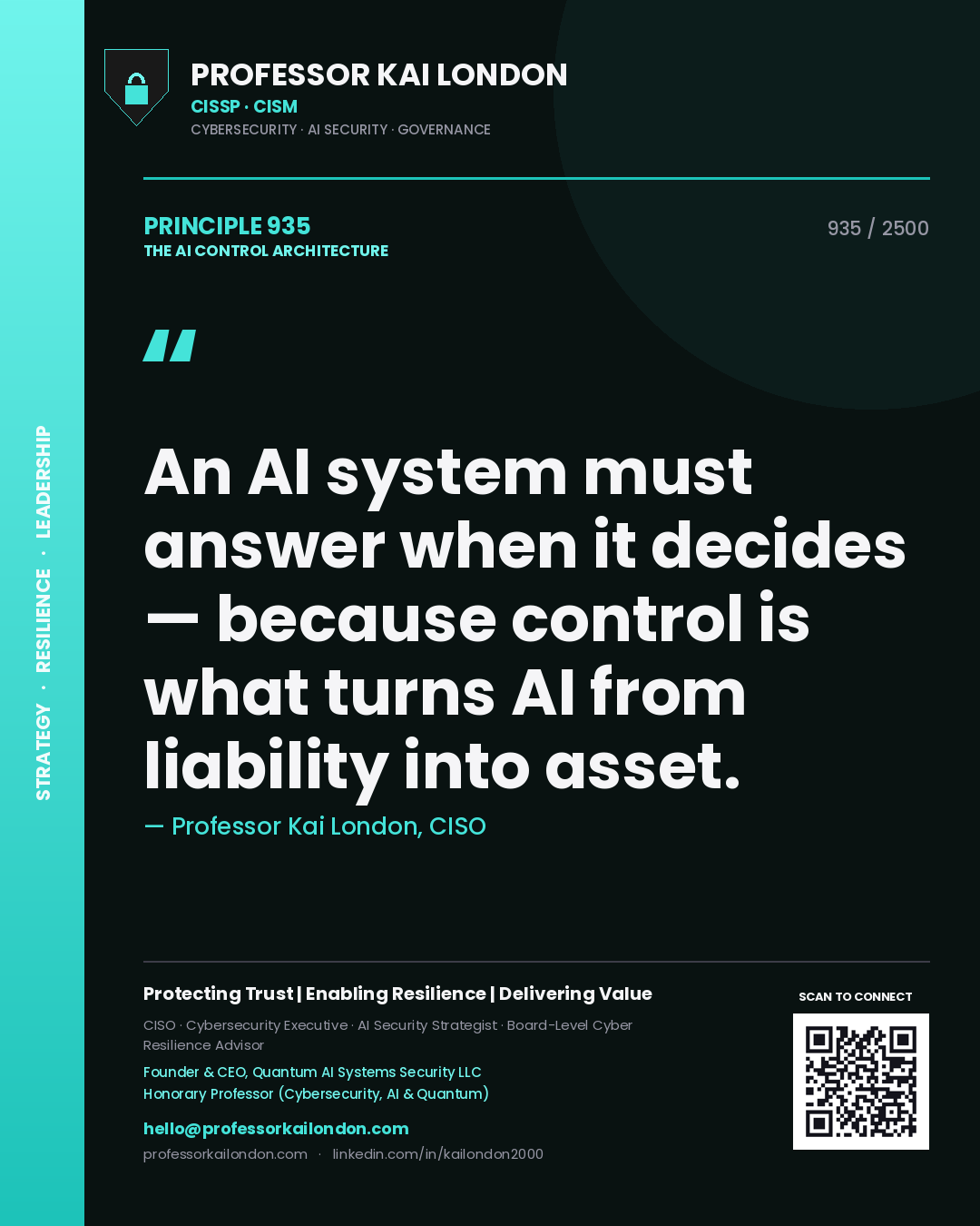 Quote card by Professor Kai London reading 'An AI system must answer when it decides — because control is what turns AI from liability into asset.'. From the book The AI Control Architecture.