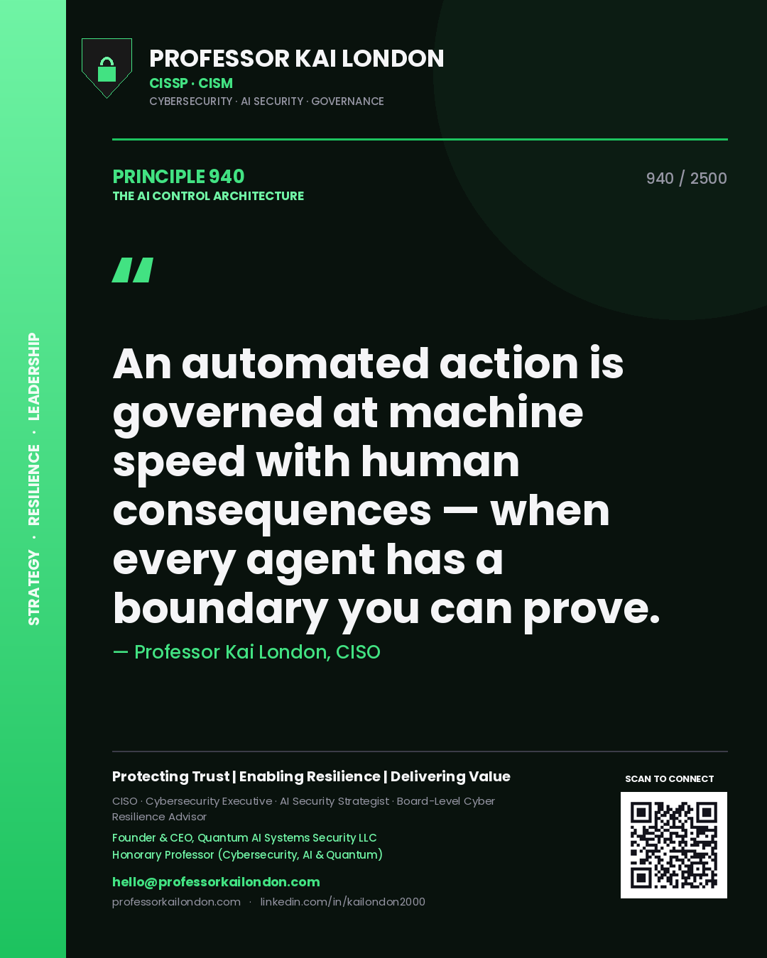 Professor Kai London principle 940: An automated action is governed at machine speed with human consequences — when every agent has a boundary you can prove.
