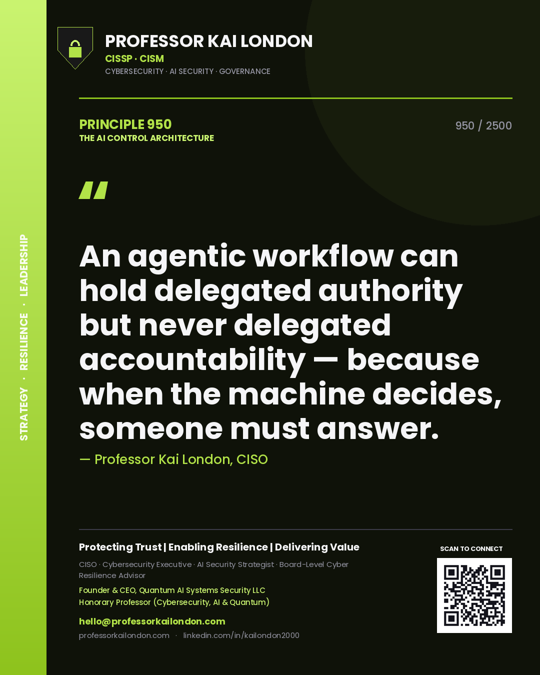 Professor Kai London principle 950: An agentic workflow can hold delegated authority but never delegated accountability — because when the machine decides, someone must answer.