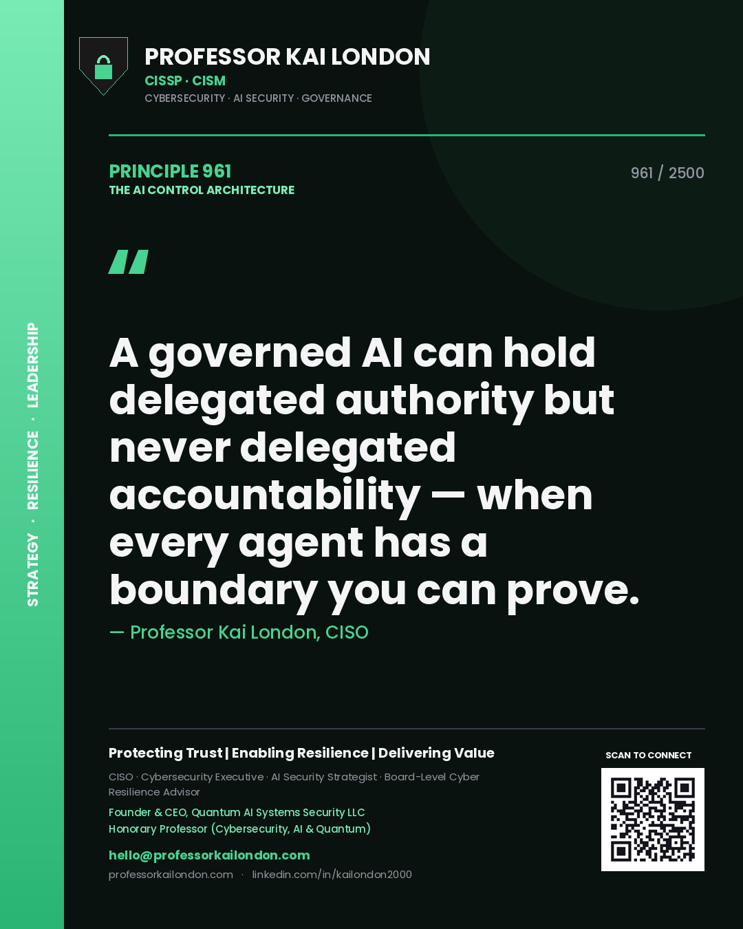 Professor Kai London principle 961: A governed AI can hold delegated authority but never delegated accountability — when every agent has a boundary you can prove.
