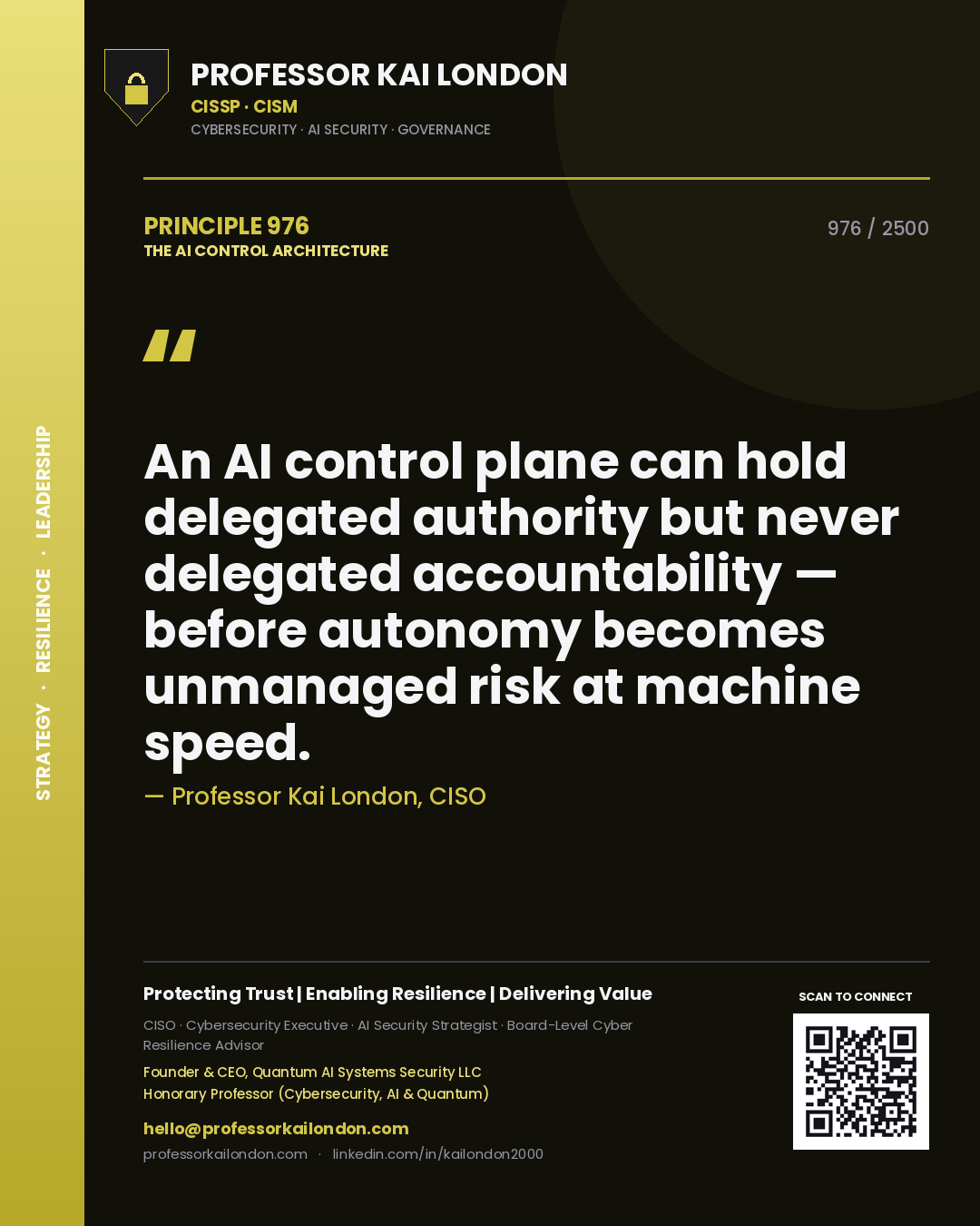 Professor Kai London principle 976: An AI control plane can hold delegated authority but never delegated accountability — before autonomy becomes unmanaged risk at machine speed.