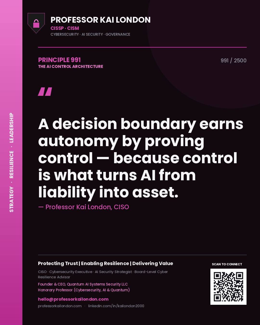 Professor Kai London principle 991: A decision boundary earns autonomy by proving control — because control is what turns AI from liability into asset.