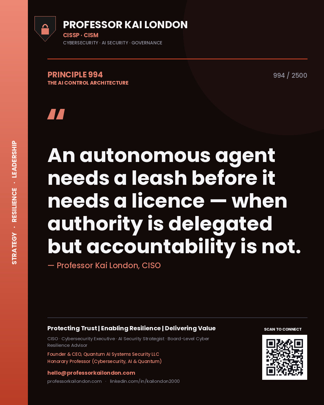Professor Kai London principle 994: An autonomous agent needs a leash before it needs a licence — when authority is delegated but accountability is not.