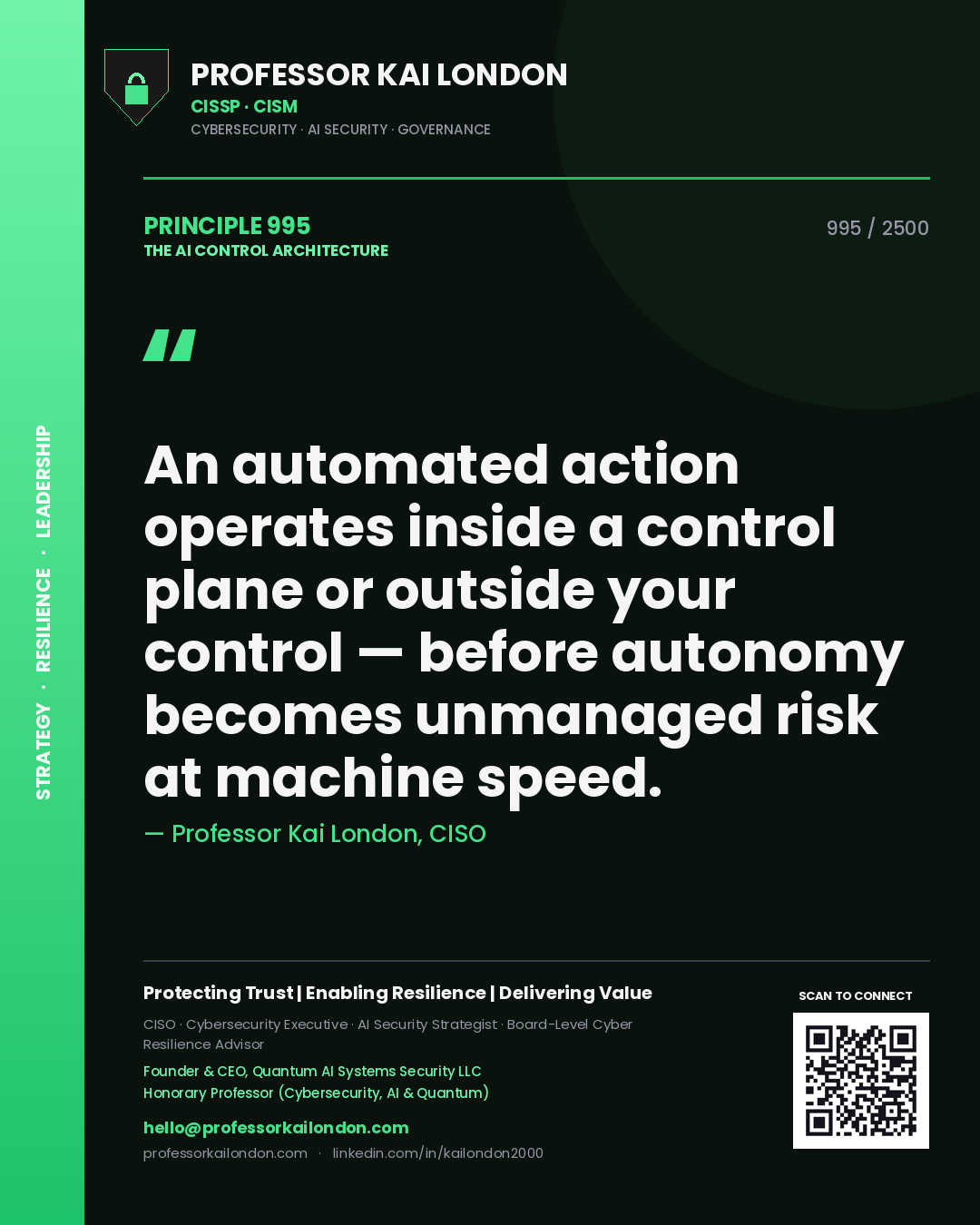 Professor Kai London principle 995: An automated action operates inside a control plane or outside your control — before autonomy becomes unmanaged risk at machine speed.