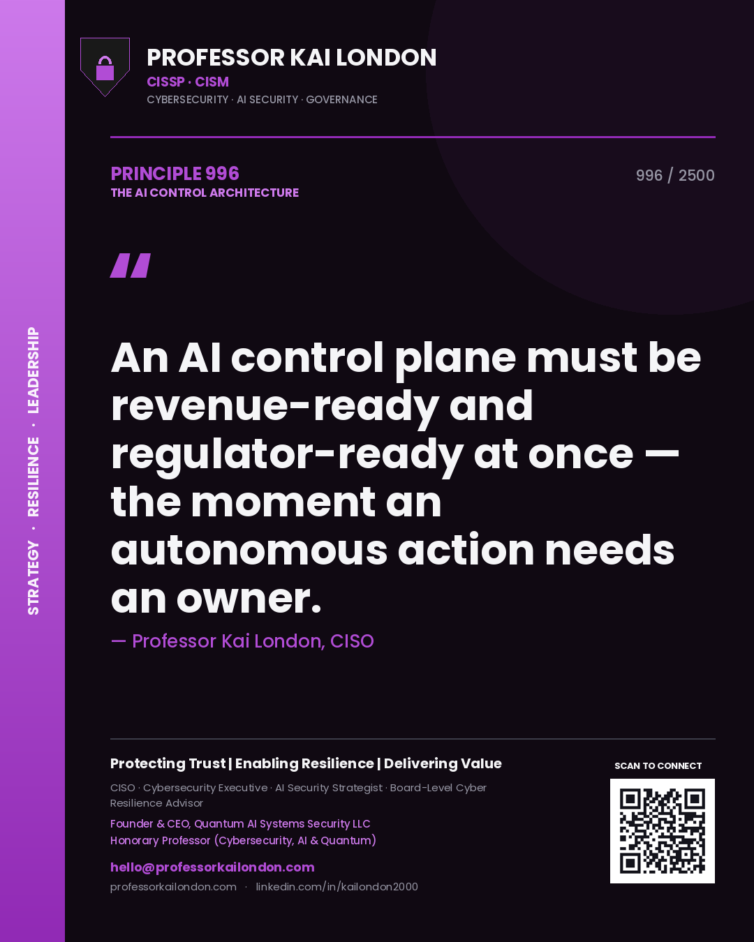 Professor Kai London principle 996: An AI control plane must be revenue-ready and regulator-ready at once — the moment an autonomous action needs an owner.
