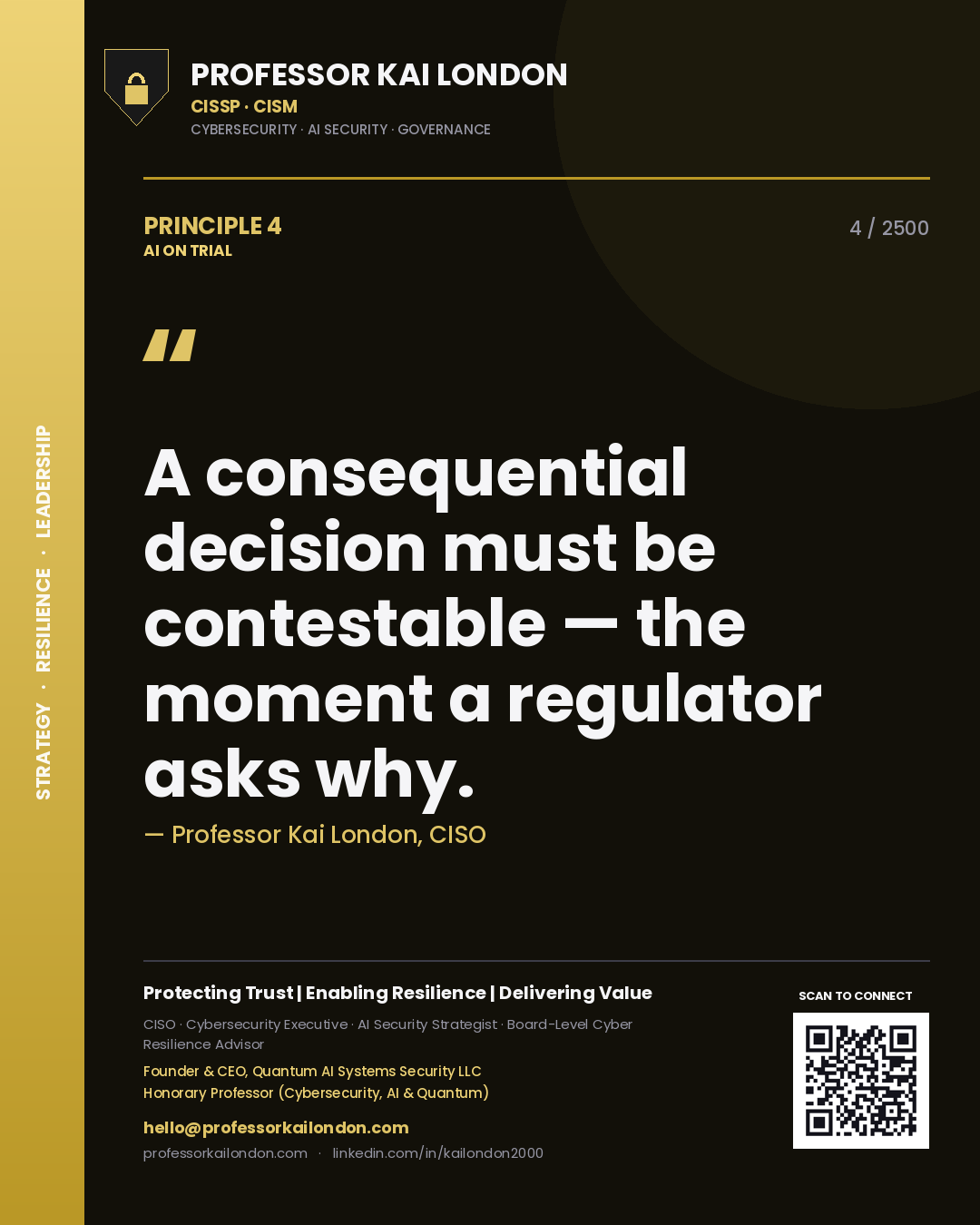 Professor Kai London principle 4: A consequential decision must be contestable — the moment a regulator asks why.