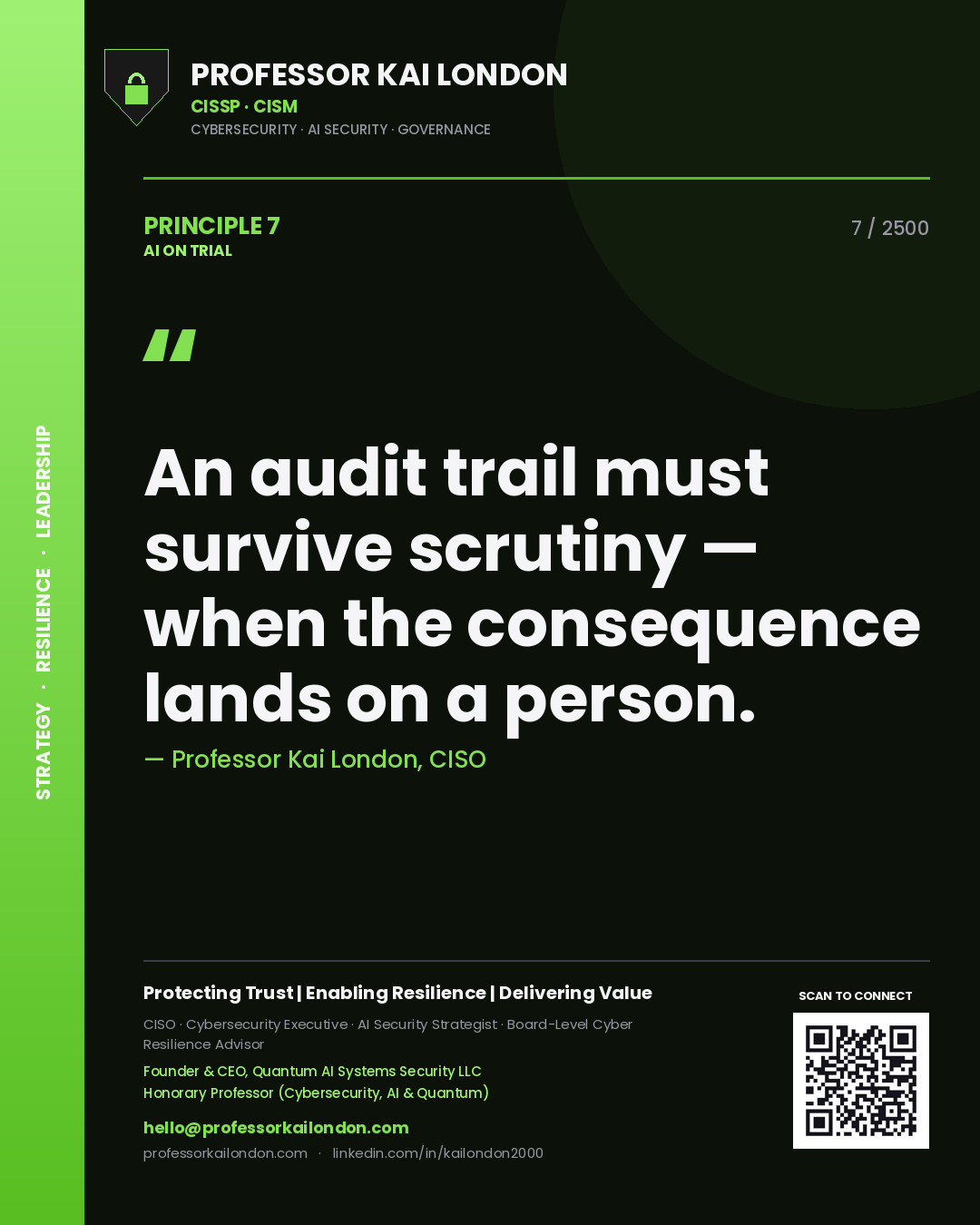 Professor Kai London principle 7: An audit trail must survive scrutiny — when the consequence lands on a person.