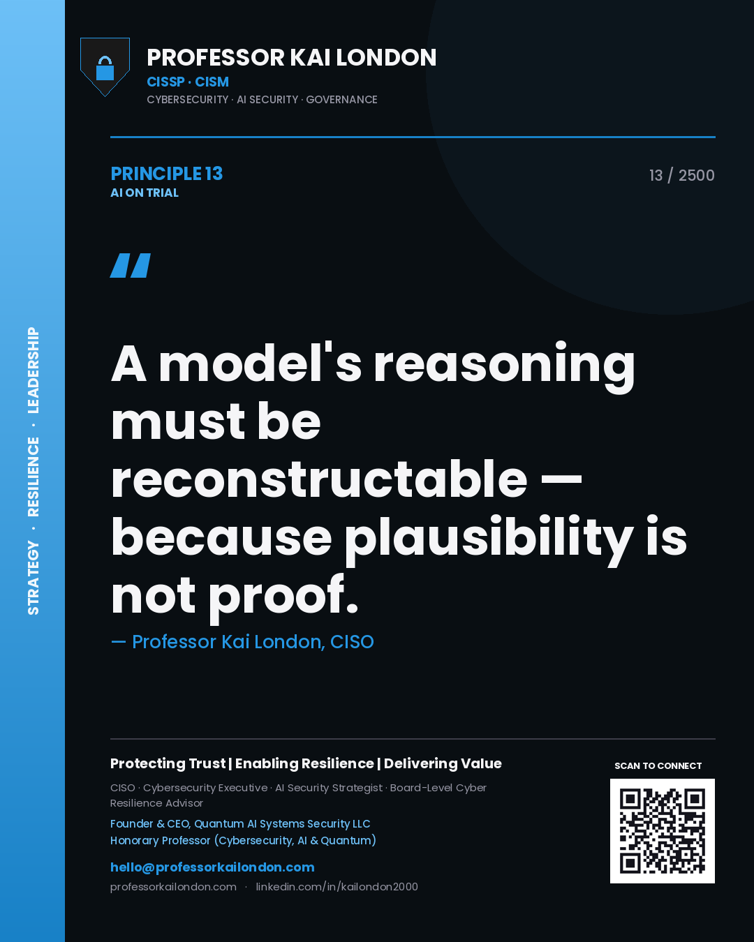 Professor Kai London principle 13: A model's reasoning must be reconstructable — because plausibility is not proof.