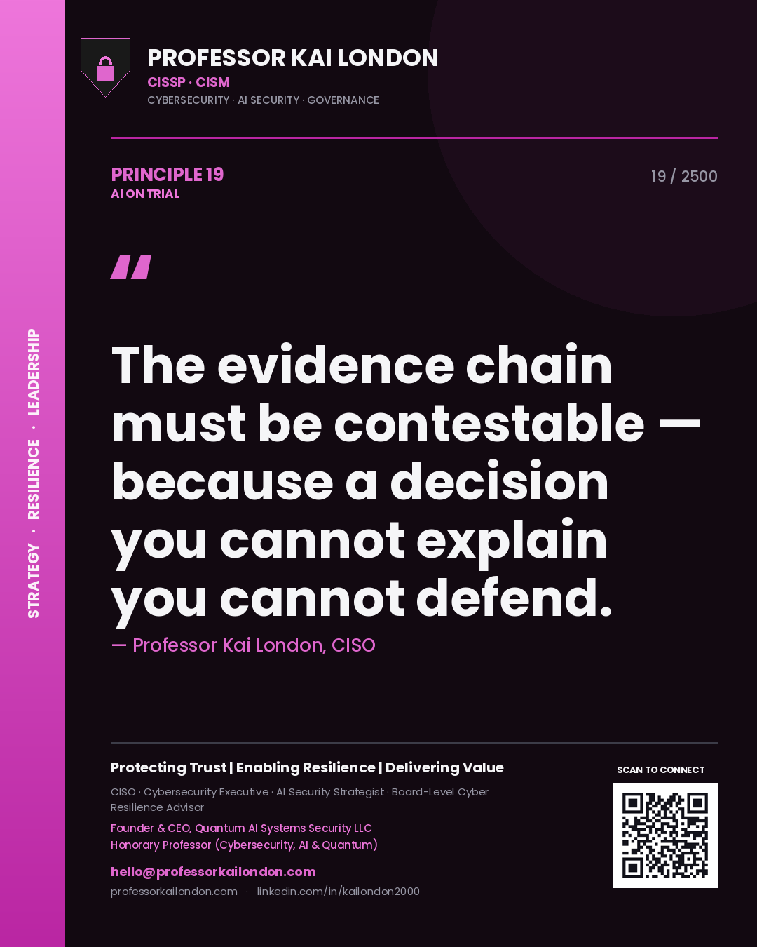 Professor Kai London principle 19: The evidence chain must be contestable — because a decision you cannot explain you cannot defend.