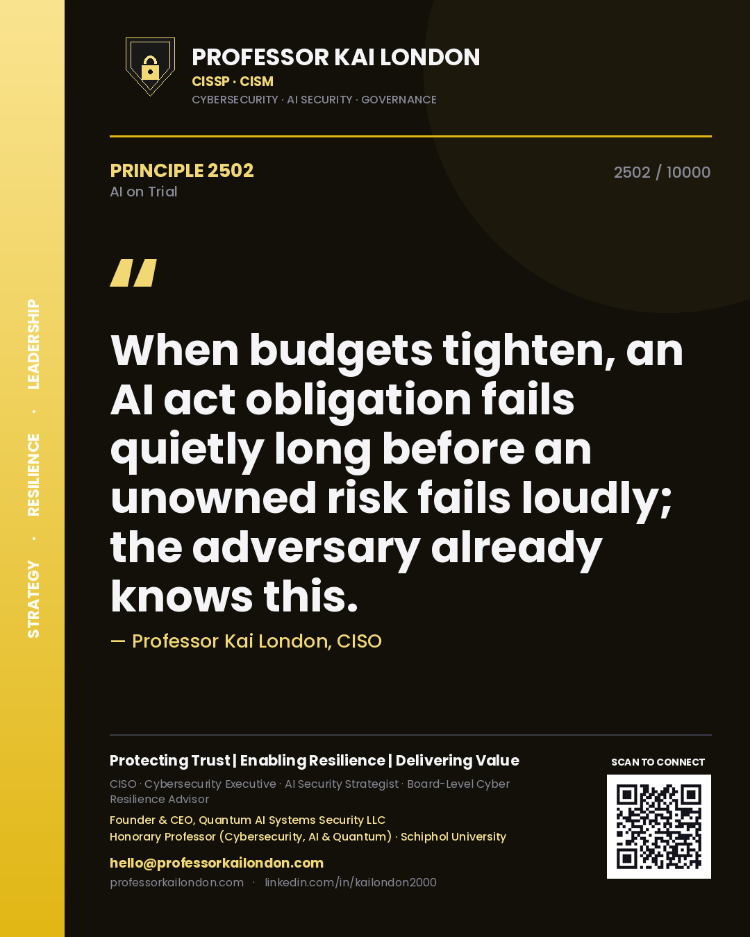 Quote card by Professor Kai London reading 'When budgets tighten, an AI act obligation fails quietly long before an unowned risk fails loudly; the adversary already knows this.'. From the book AI on Trial.