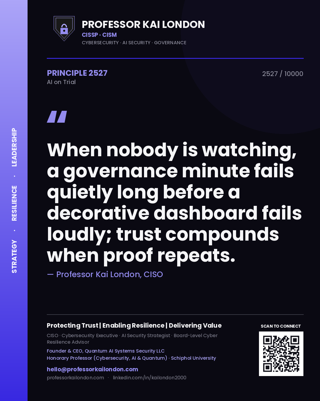 Professor Kai London principle 2527: When nobody is watching, a governance minute fails quietly long before a decorative dashboard fails loudly; trust compounds when proof repeats.