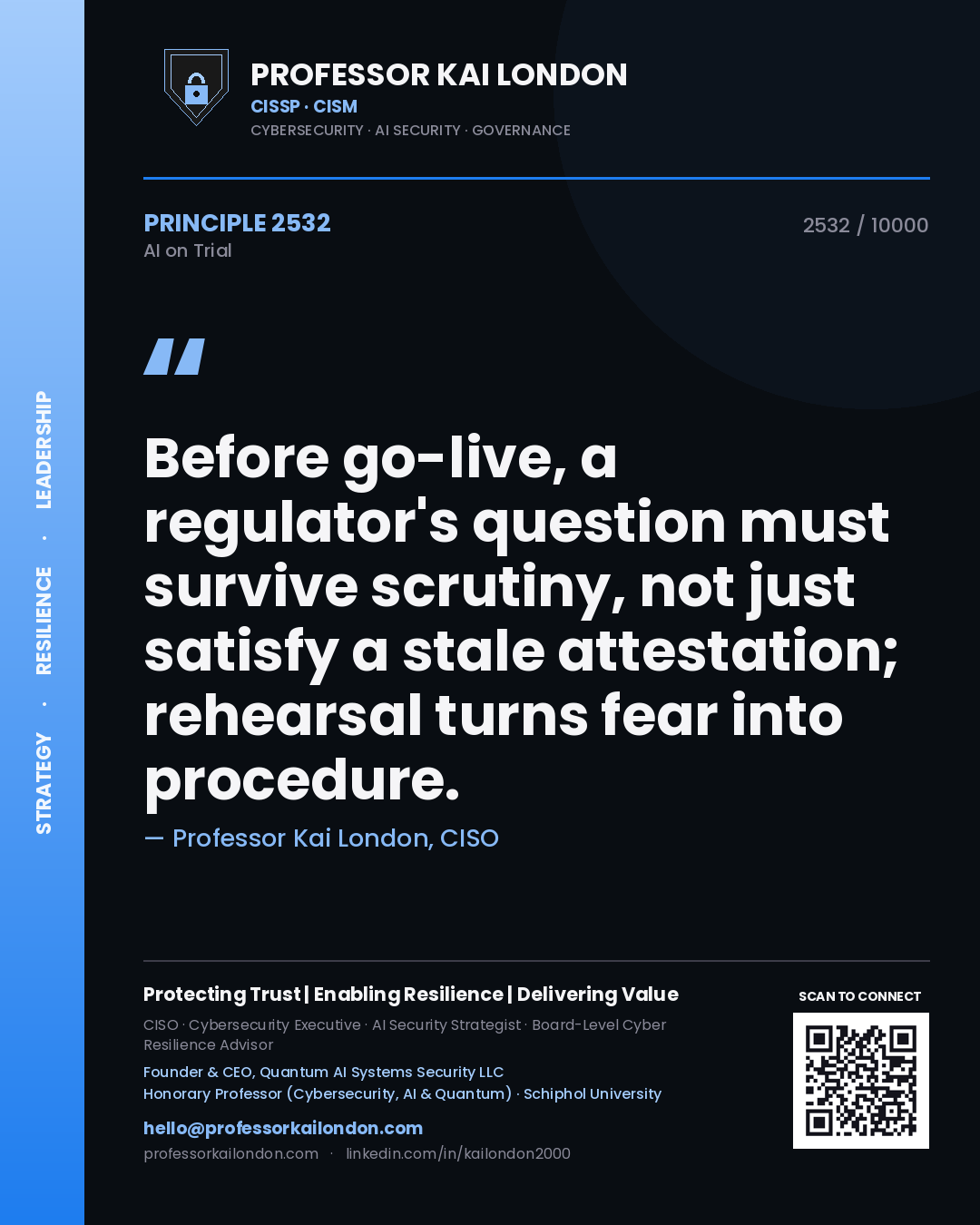 Professor Kai London principle 2532: Before go-live, a regulator's question must survive scrutiny, not just satisfy a stale attestation; rehearsal turns fear into procedure.