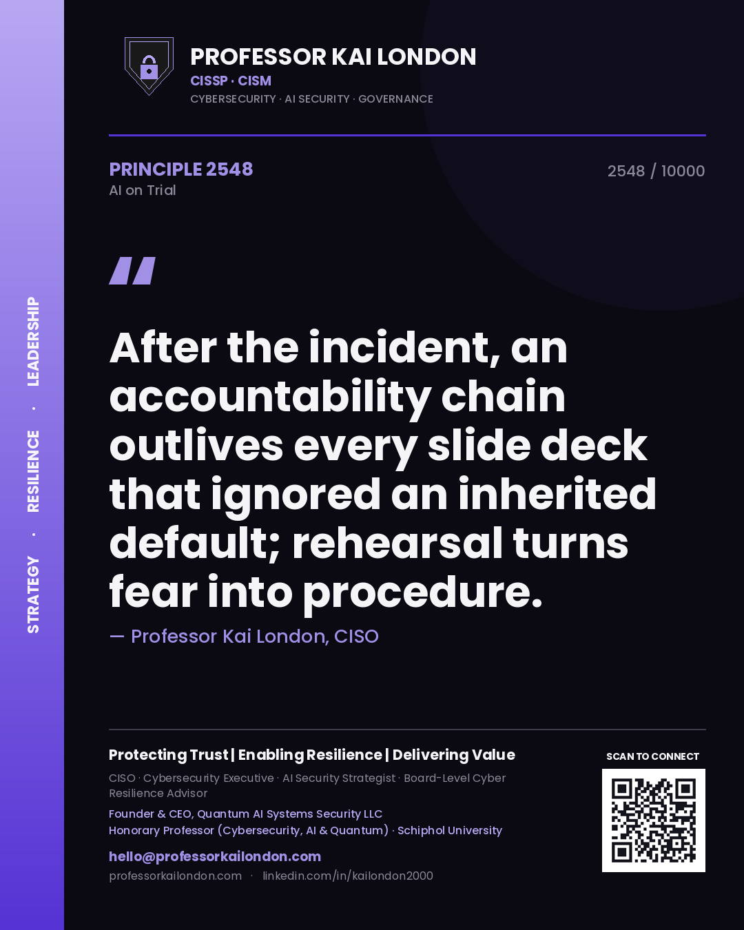 Quote card by Professor Kai London reading 'After the incident, an accountability chain outlives every slide deck that ignored an inherited default; rehearsal turns fear into procedure.'. From the book AI on Trial.