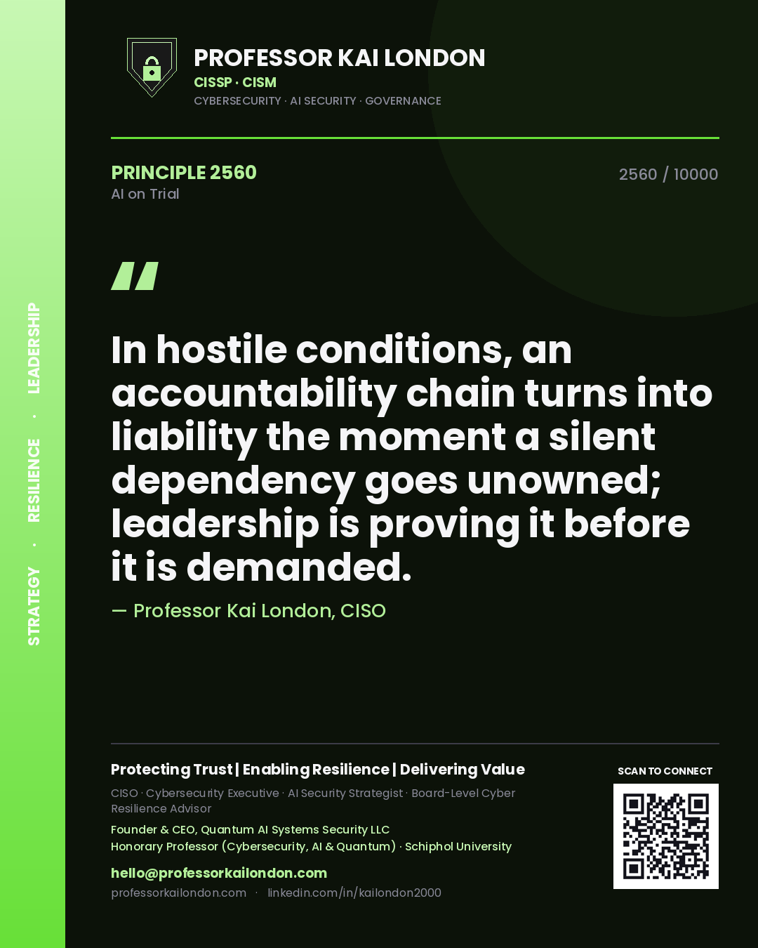 Quote card by Professor Kai London reading 'In hostile conditions, an accountability chain turns into liability the moment a silent dependency goes unowned; leadership is proving it before it is demanded.'. From the book AI on Trial.