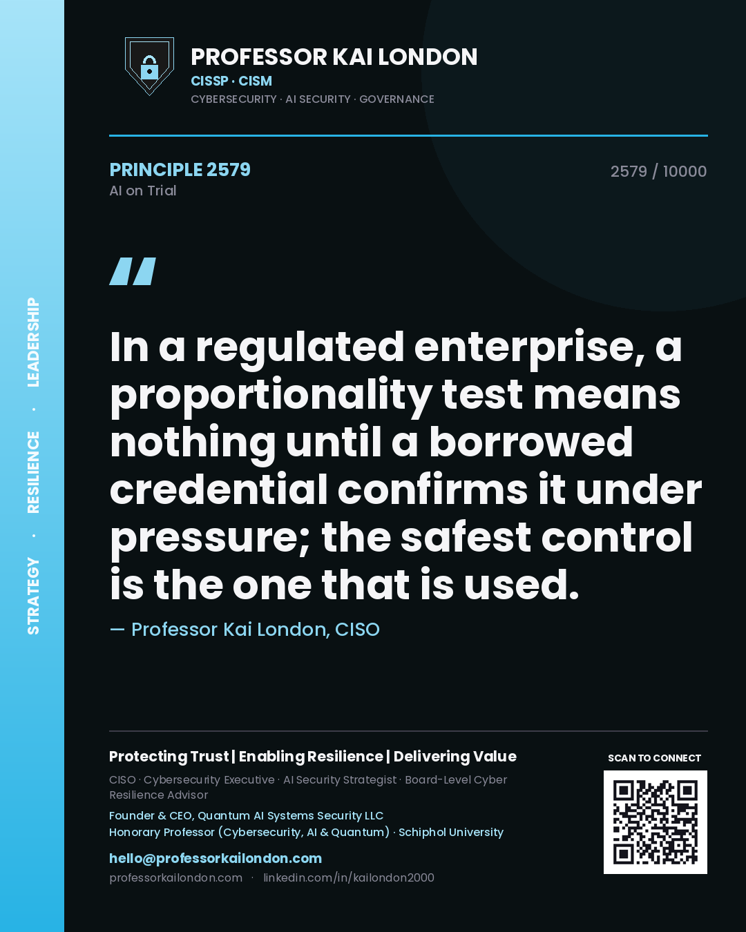 Professor Kai London principle 2579: In a regulated enterprise, a proportionality test means nothing until a borrowed credential confirms it under pressure; the safest control is the one that is used.