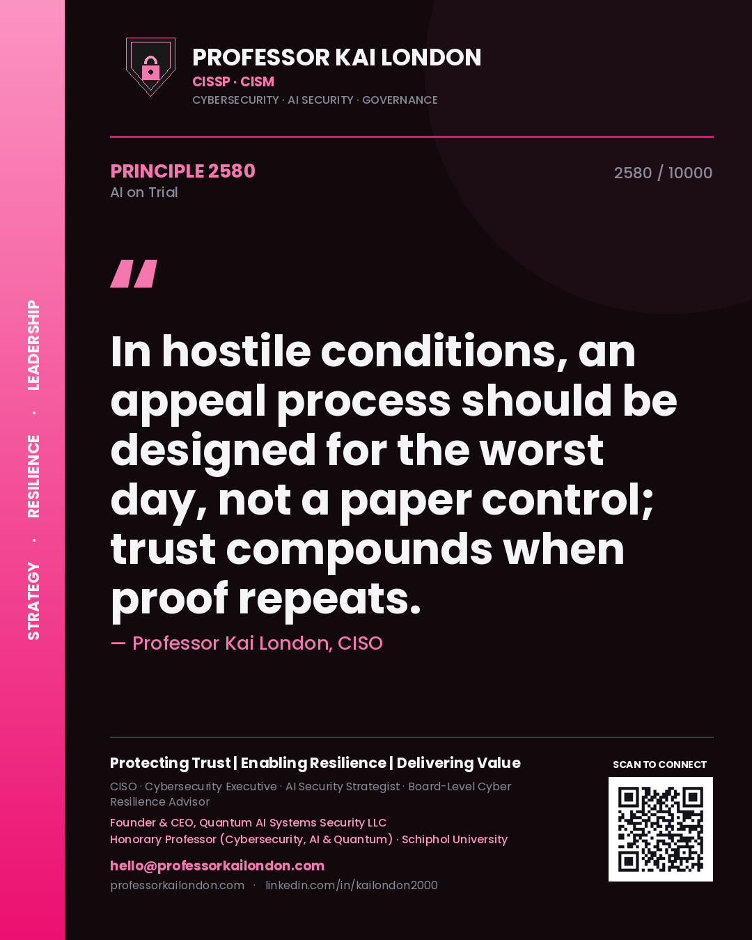 Quote card by Professor Kai London reading 'In hostile conditions, an appeal process should be designed for the worst day, not a paper control; trust compounds when proof repeats.'. From the book AI on Trial.
