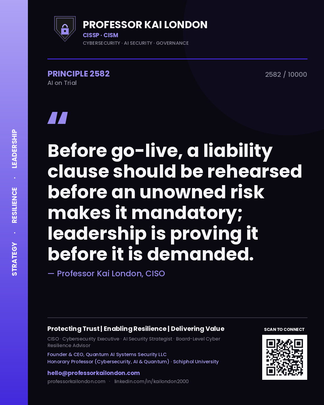 Professor Kai London principle 2582: Before go-live, a liability clause should be rehearsed before an unowned risk makes it mandatory; leadership is proving it before it is demanded.
