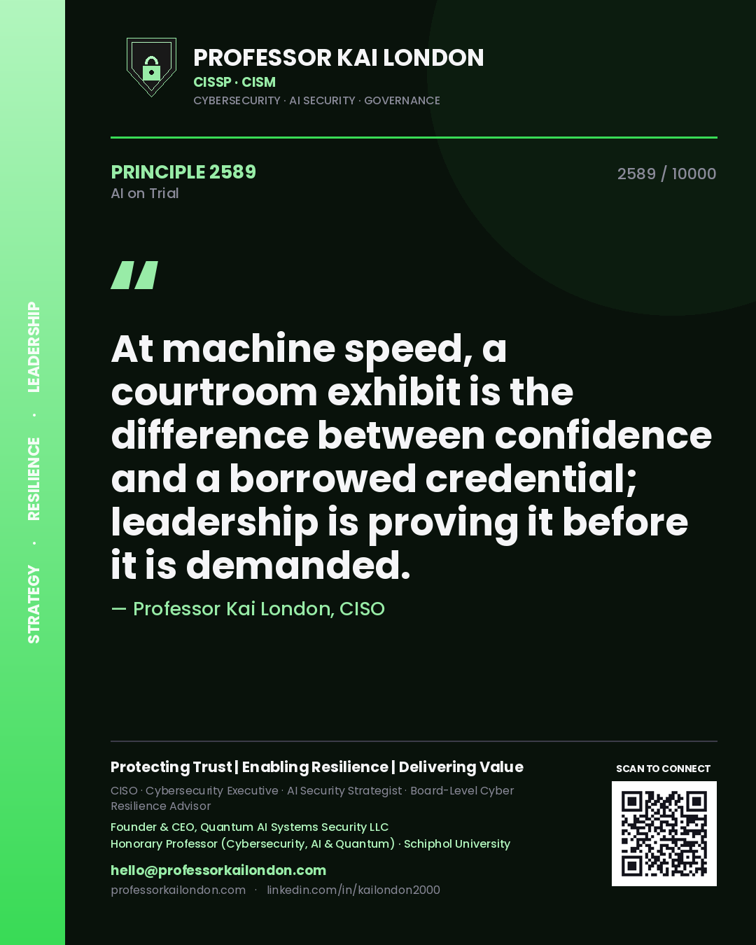 Professor Kai London principle 2589: At machine speed, a courtroom exhibit is the difference between confidence and a borrowed credential; leadership is proving it before it is demanded.