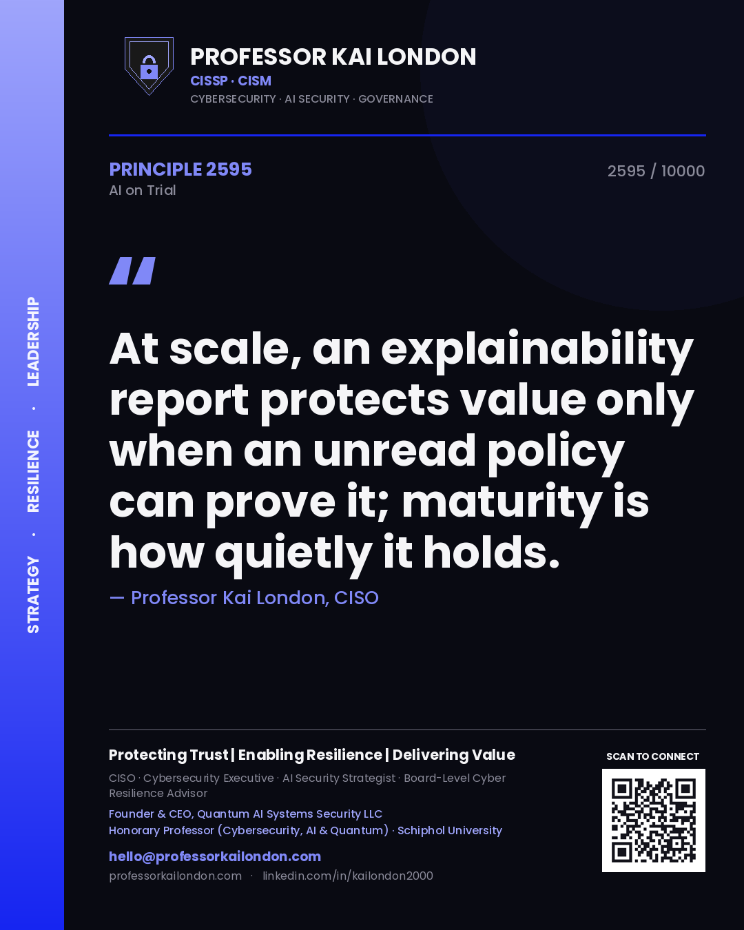 Professor Kai London principle 2595: At scale, an explainability report protects value only when an unread policy can prove it; maturity is how quietly it holds.