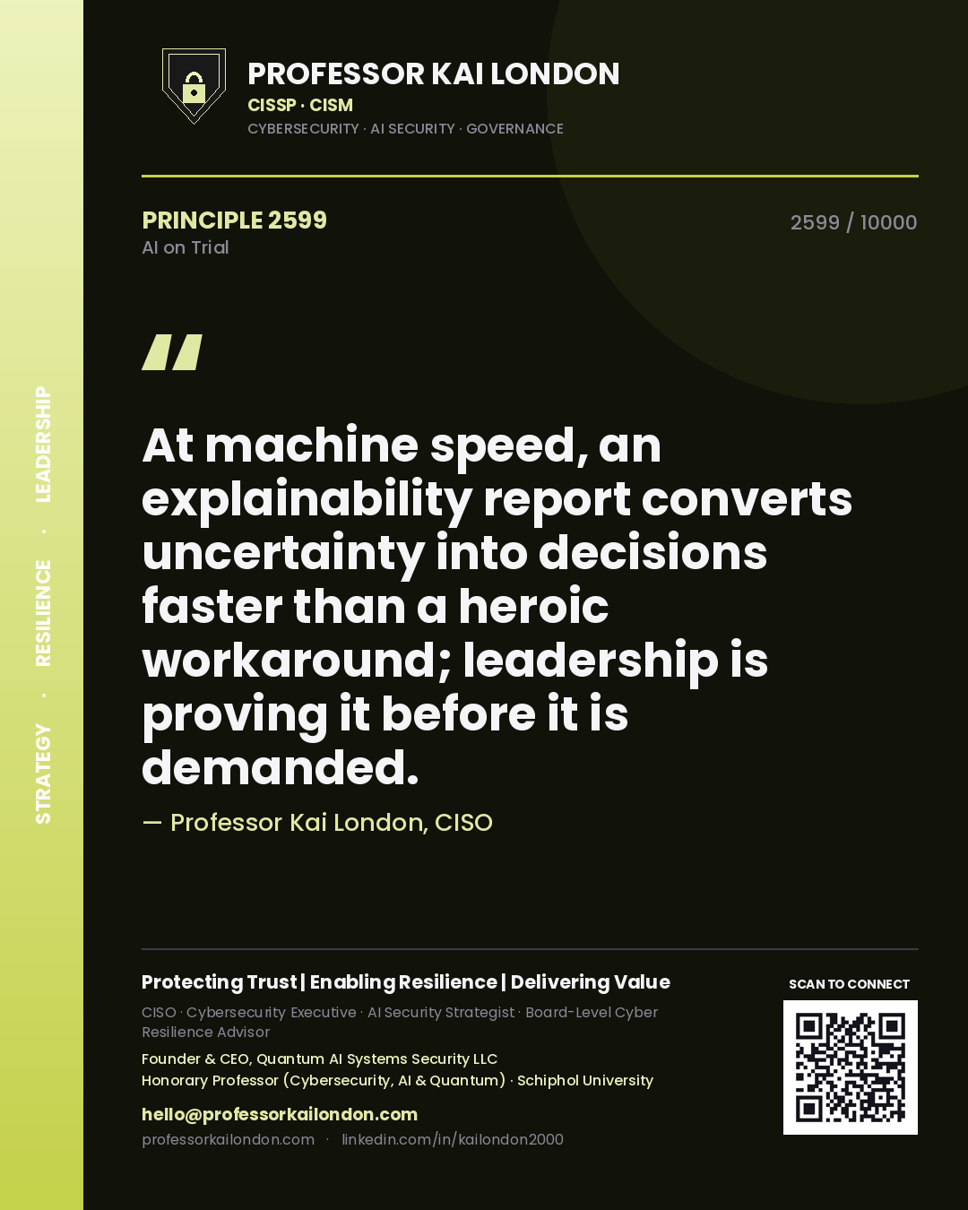 Professor Kai London principle 2599: At machine speed, an explainability report converts uncertainty into decisions faster than a heroic workaround; leadership is proving it before it is demanded.