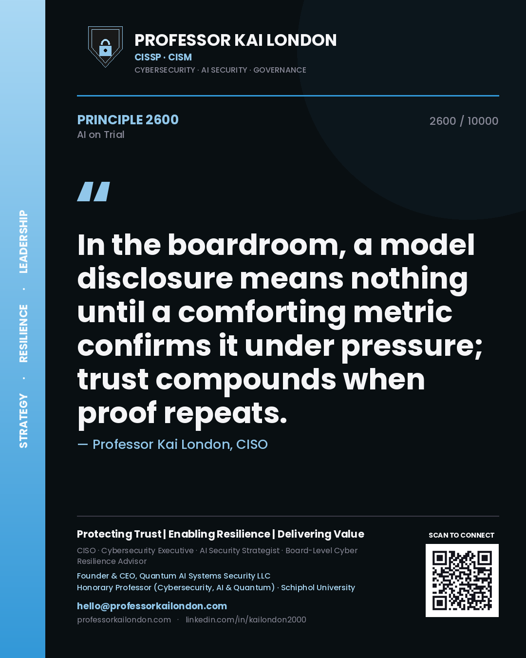 Professor Kai London principle 2600: In the boardroom, a model disclosure means nothing until a comforting metric confirms it under pressure; trust compounds when proof repeats.
