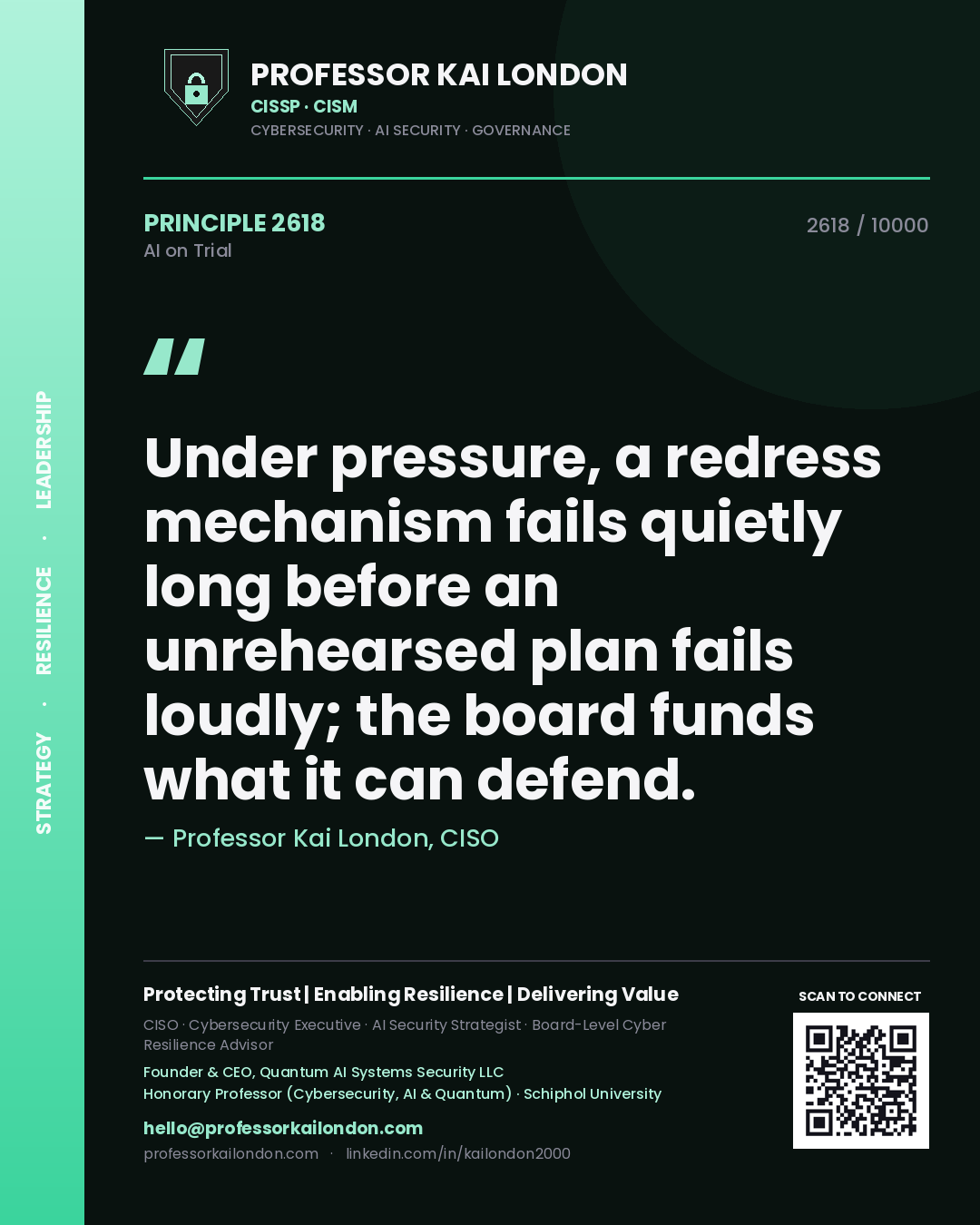 Professor Kai London principle 2618: Under pressure, a redress mechanism fails quietly long before an unrehearsed plan fails loudly; the board funds what it can defend.