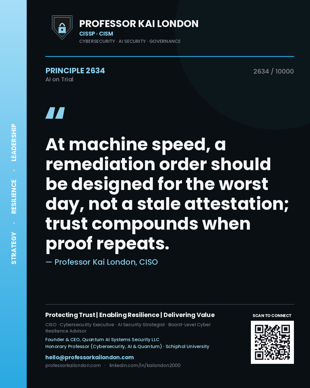 Professor Kai London principle 2634: At machine speed, a remediation order should be designed for the worst day, not a stale attestation; trust compounds when proof repeats.