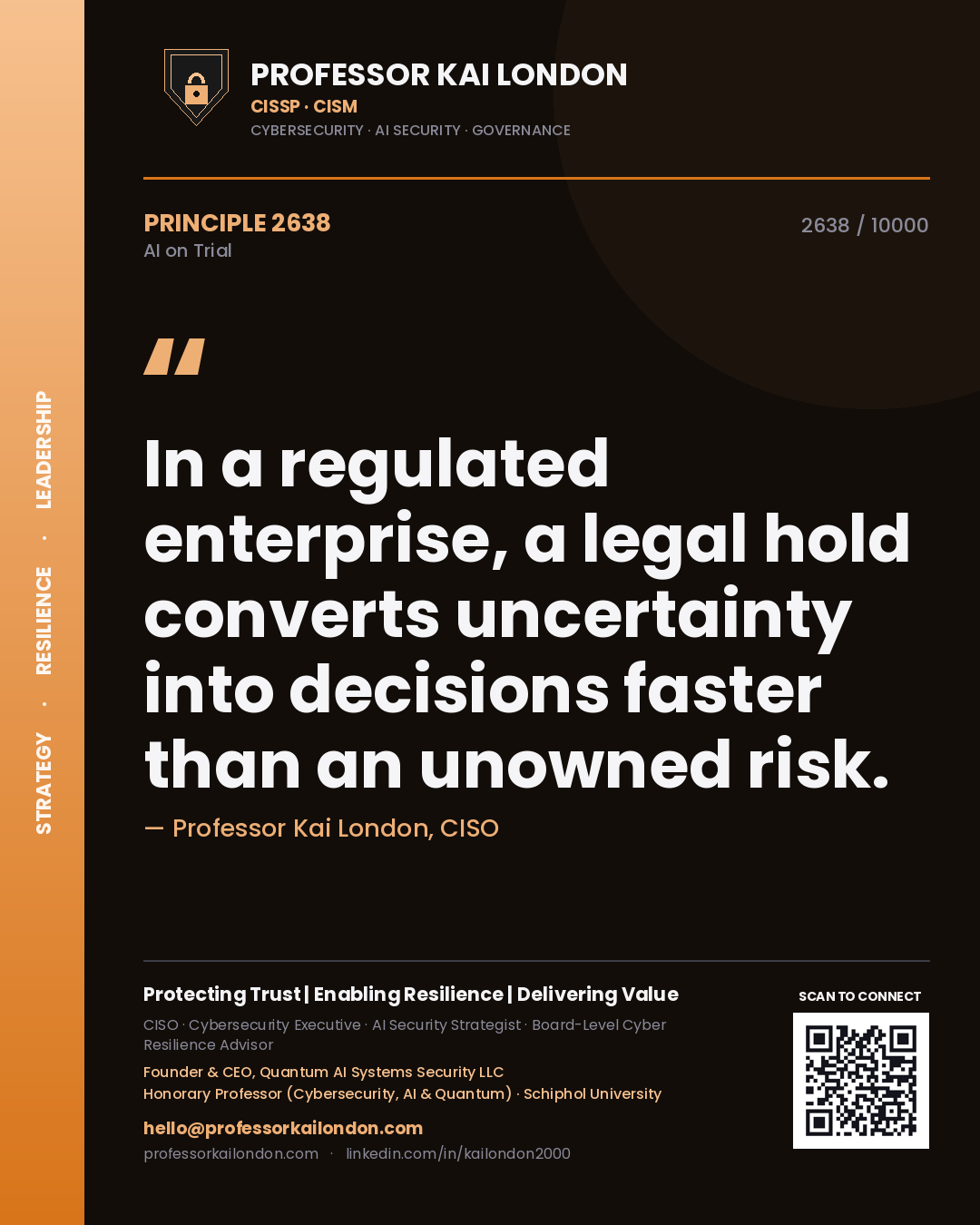 Professor Kai London principle 2638: In a regulated enterprise, a legal hold converts uncertainty into decisions faster than an unowned risk.