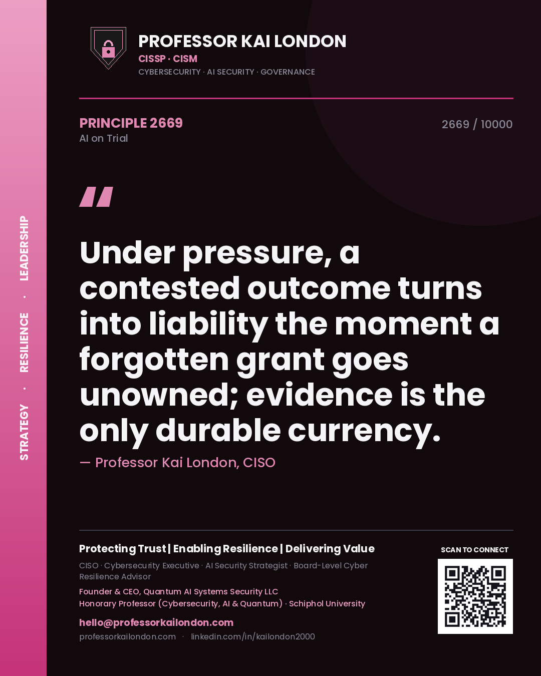 Quote card by Professor Kai London reading 'Under pressure, a contested outcome turns into liability the moment a forgotten grant goes unowned; evidence is the only durable currency.'. From the book AI on Trial.
