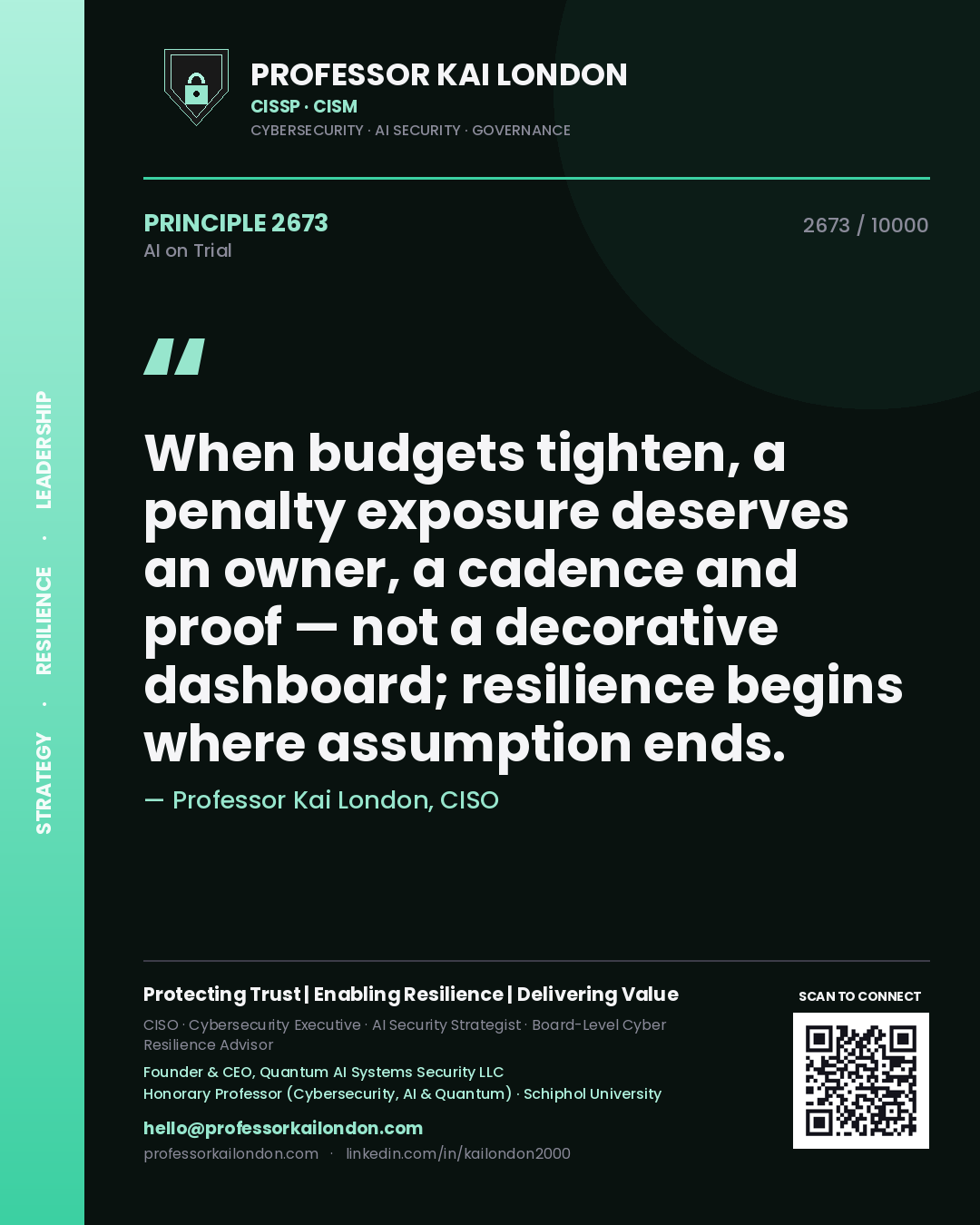 Professor Kai London principle 2673: When budgets tighten, a penalty exposure deserves an owner, a cadence and proof — not a decorative dashboard; resilience begins where assumption ends.