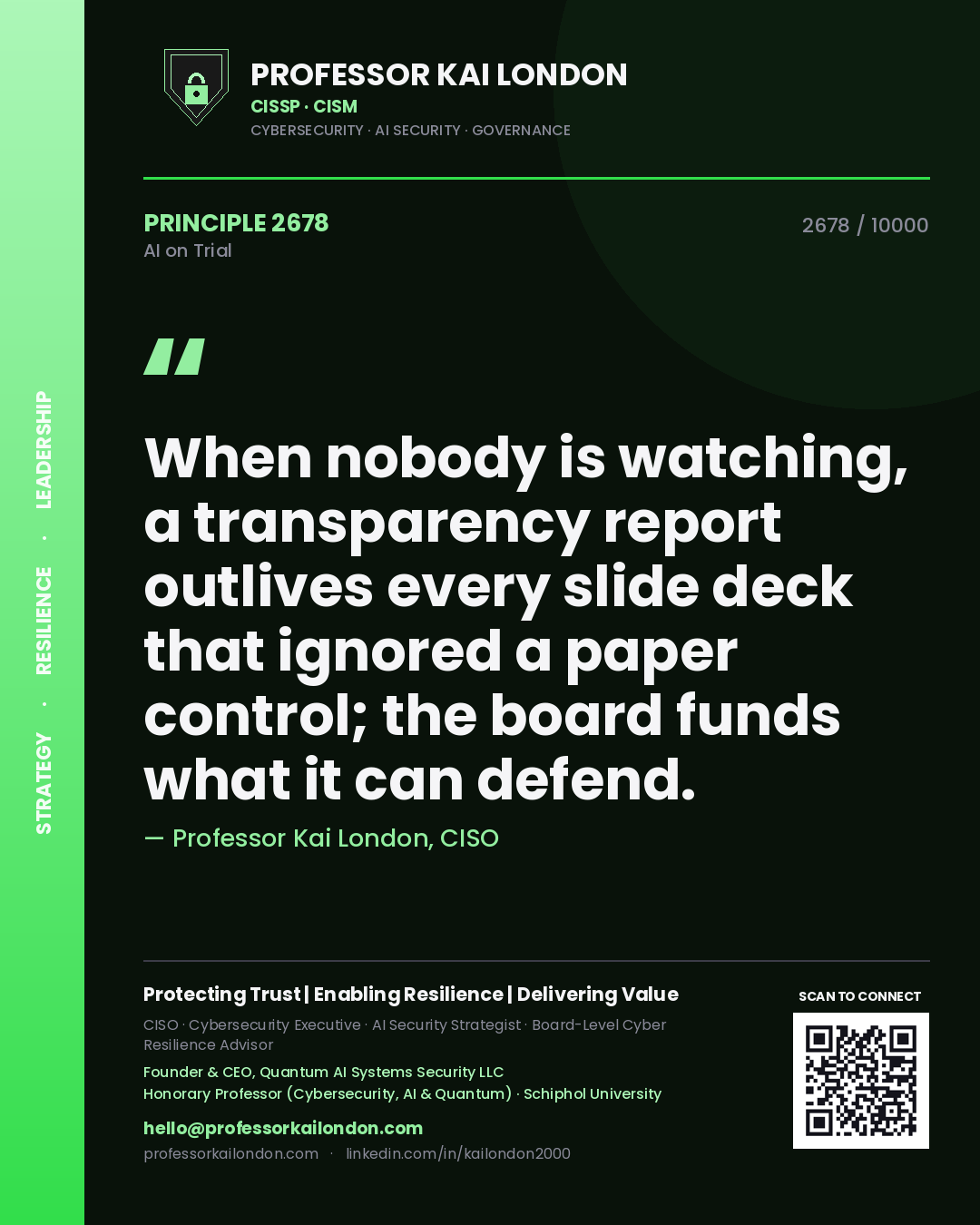 Professor Kai London principle 2678: When nobody is watching, a transparency report outlives every slide deck that ignored a paper control; the board funds what it can defend.