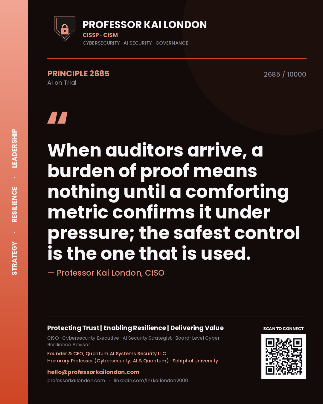 Professor Kai London principle 2685: When auditors arrive, a burden of proof means nothing until a comforting metric confirms it under pressure; the safest control is the one that is used.