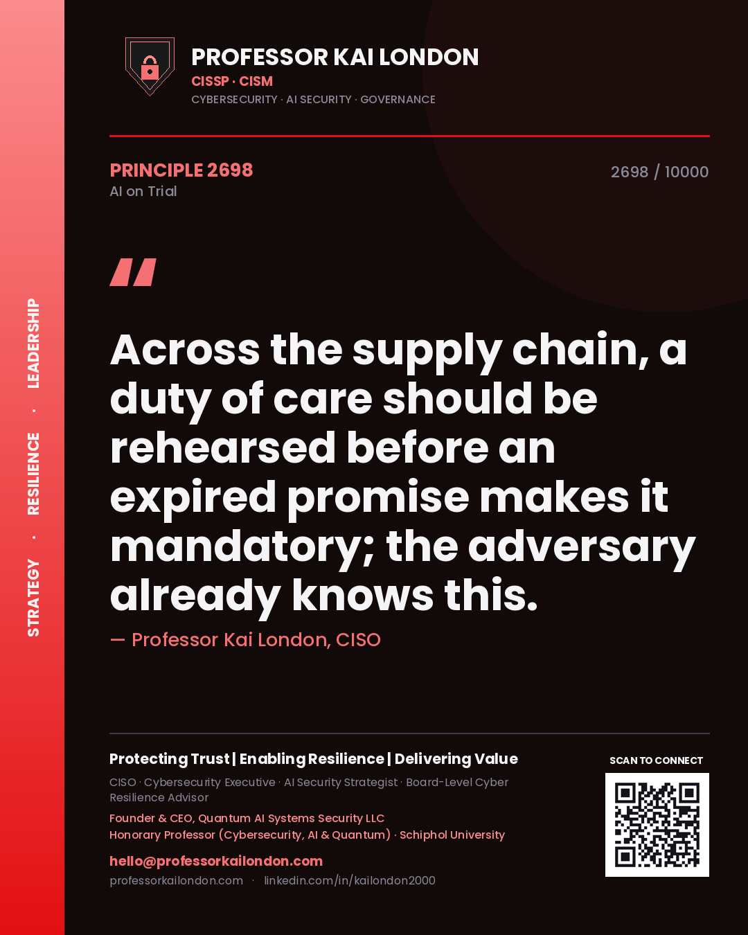 Quote card by Professor Kai London reading 'Across the supply chain, a duty of care should be rehearsed before an expired promise makes it mandatory; the adversary already knows this.'. From the book AI on Trial.