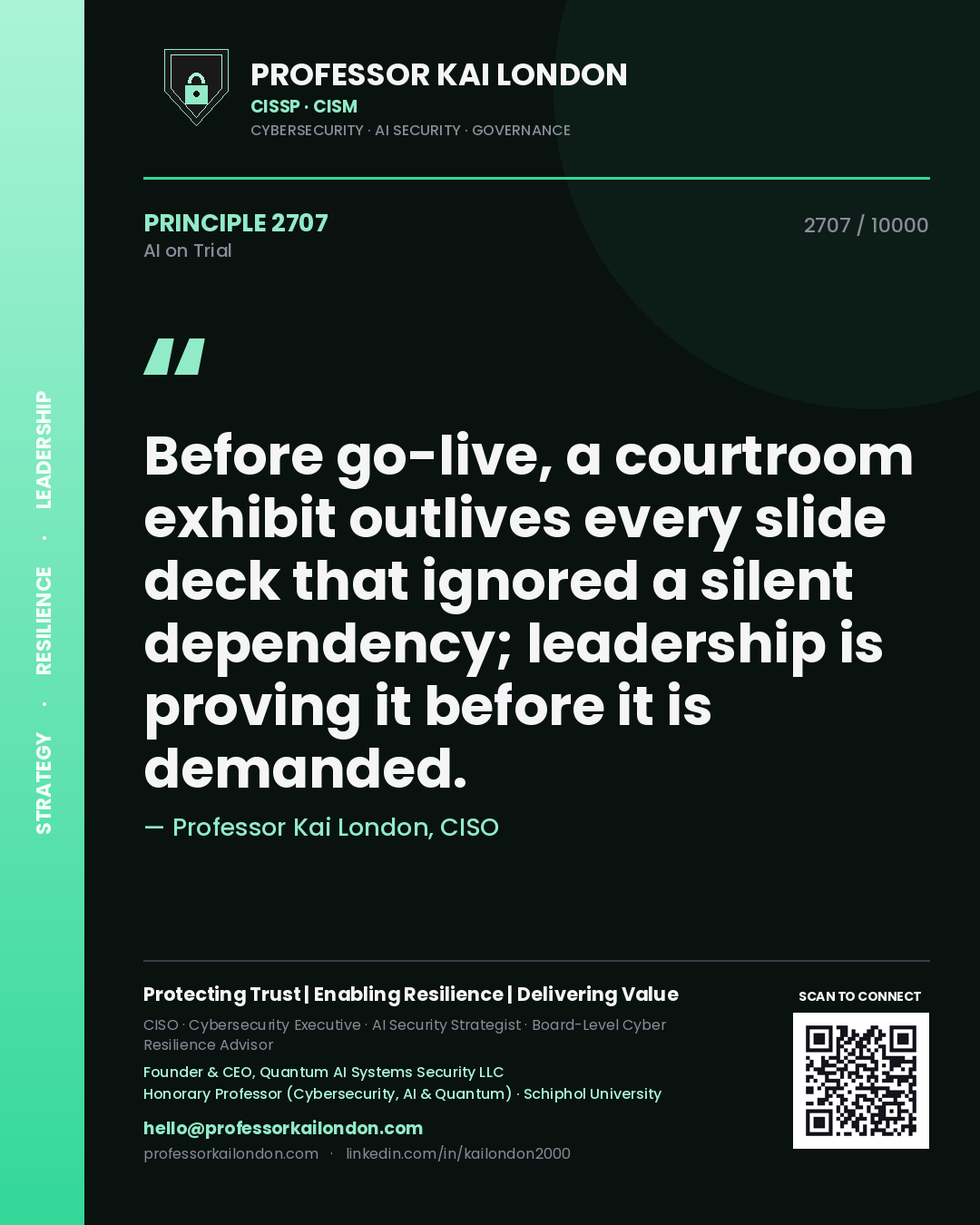 Quote card by Professor Kai London reading 'Before go-live, a courtroom exhibit outlives every slide deck that ignored a silent dependency; leadership is proving it before it is demanded.'. From the book AI on Trial.