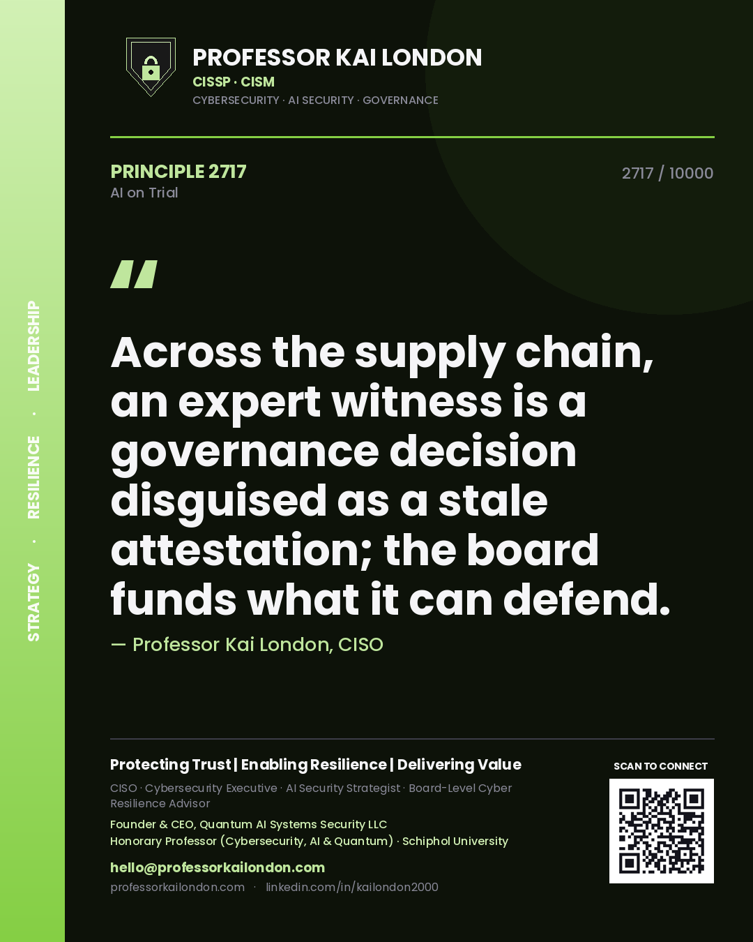 Quote card by Professor Kai London reading 'Across the supply chain, an expert witness is a governance decision disguised as a stale attestation; the board funds what it can defend.'. From the book AI on Trial.