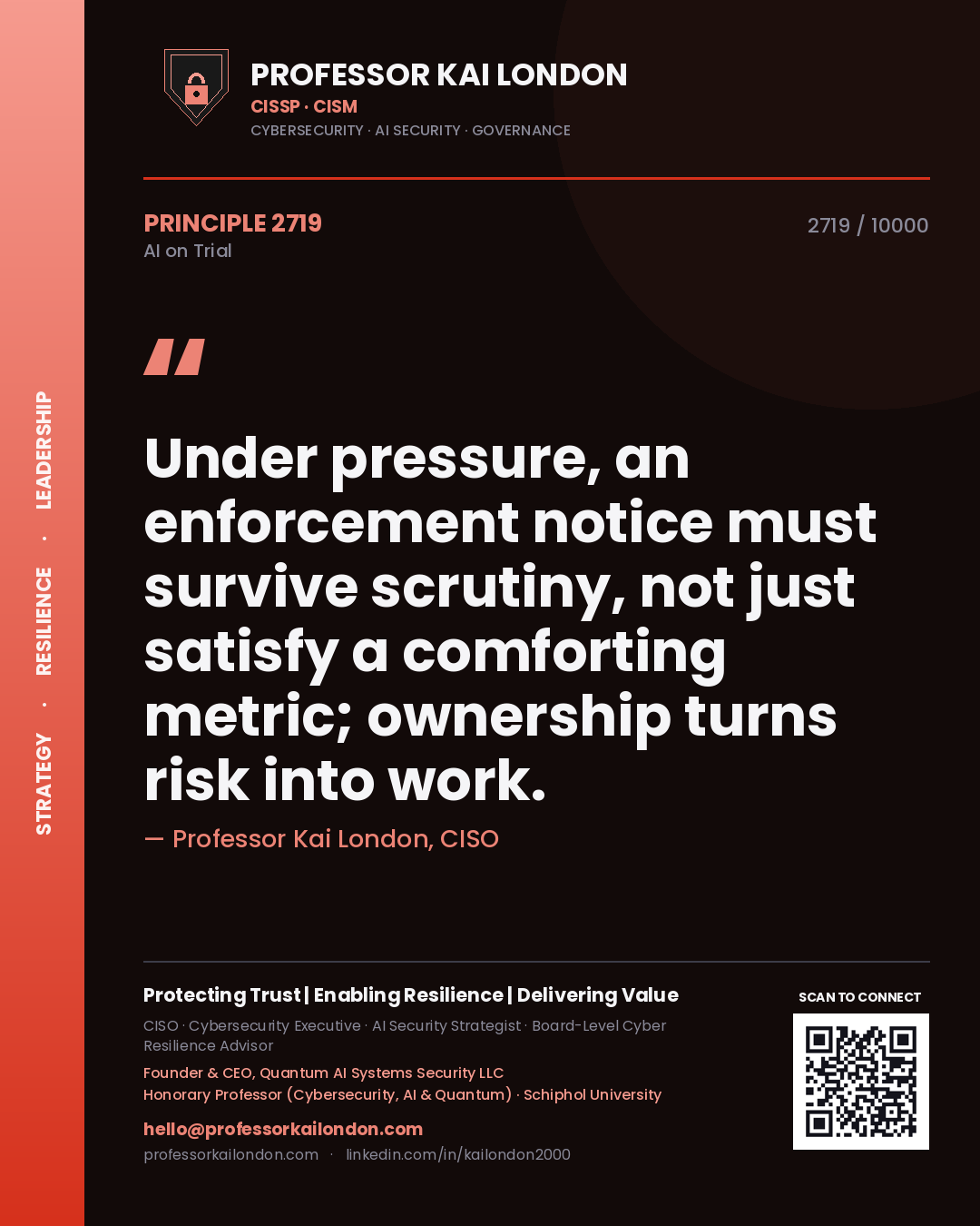 Quote card by Professor Kai London reading 'Under pressure, an enforcement notice must survive scrutiny, not just satisfy a comforting metric; ownership turns risk into work.'. From the book AI on Trial.