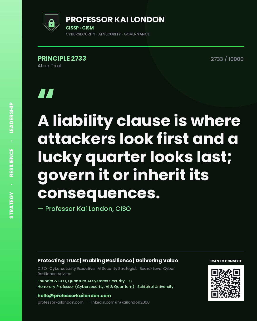 Quote card by Professor Kai London reading 'A liability clause is where attackers look first and a lucky quarter looks last; govern it or inherit its consequences.'. From the book AI on Trial.