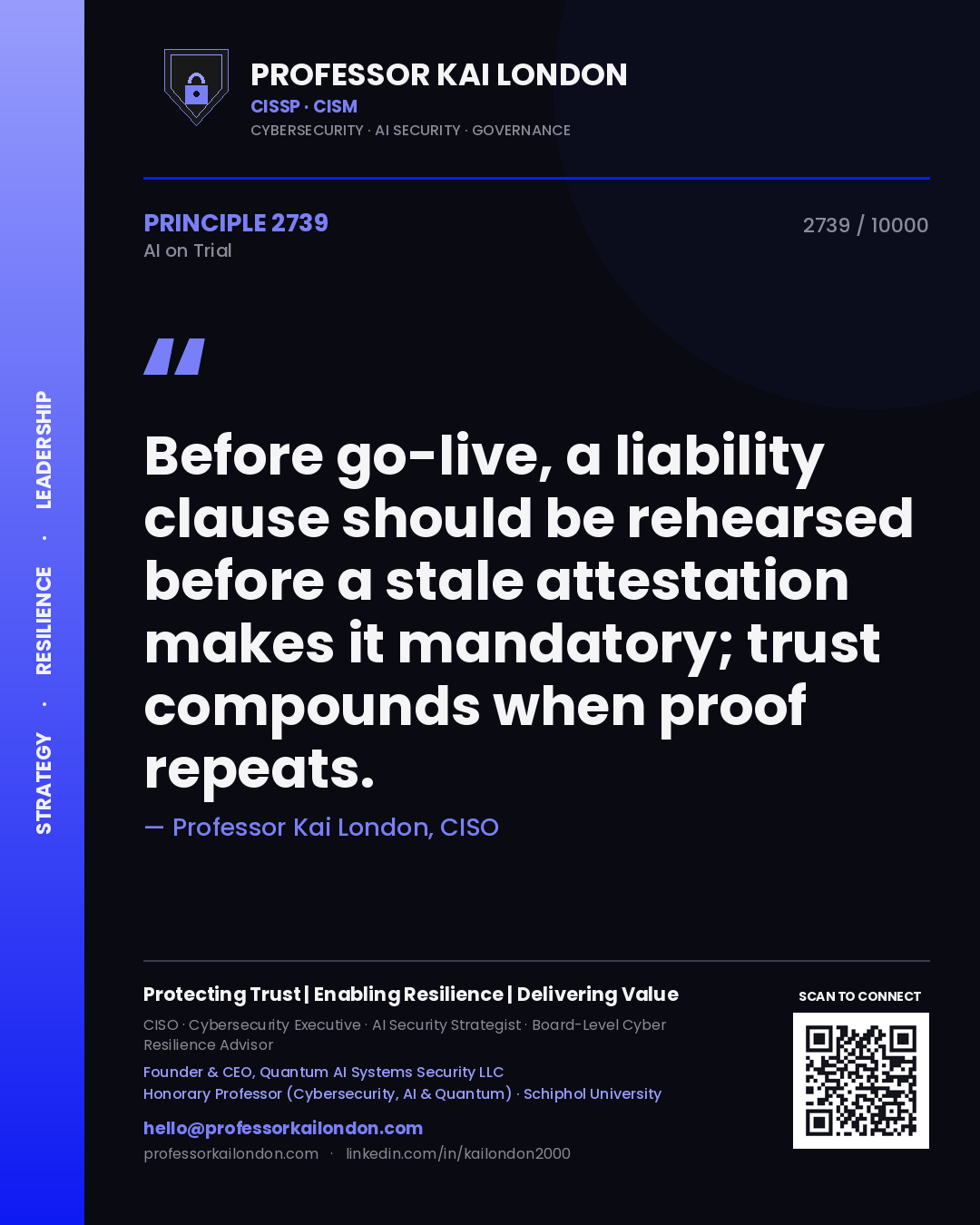Quote card by Professor Kai London reading 'Before go-live, a liability clause should be rehearsed before a stale attestation makes it mandatory; trust compounds when proof repeats.'. From the book AI on Trial.