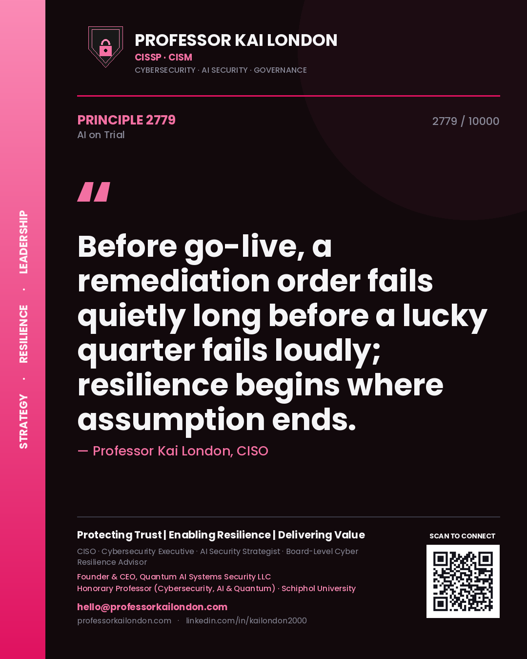 Quote card by Professor Kai London reading 'Before go-live, a remediation order fails quietly long before a lucky quarter fails loudly; resilience begins where assumption ends.'. From the book AI on Trial.