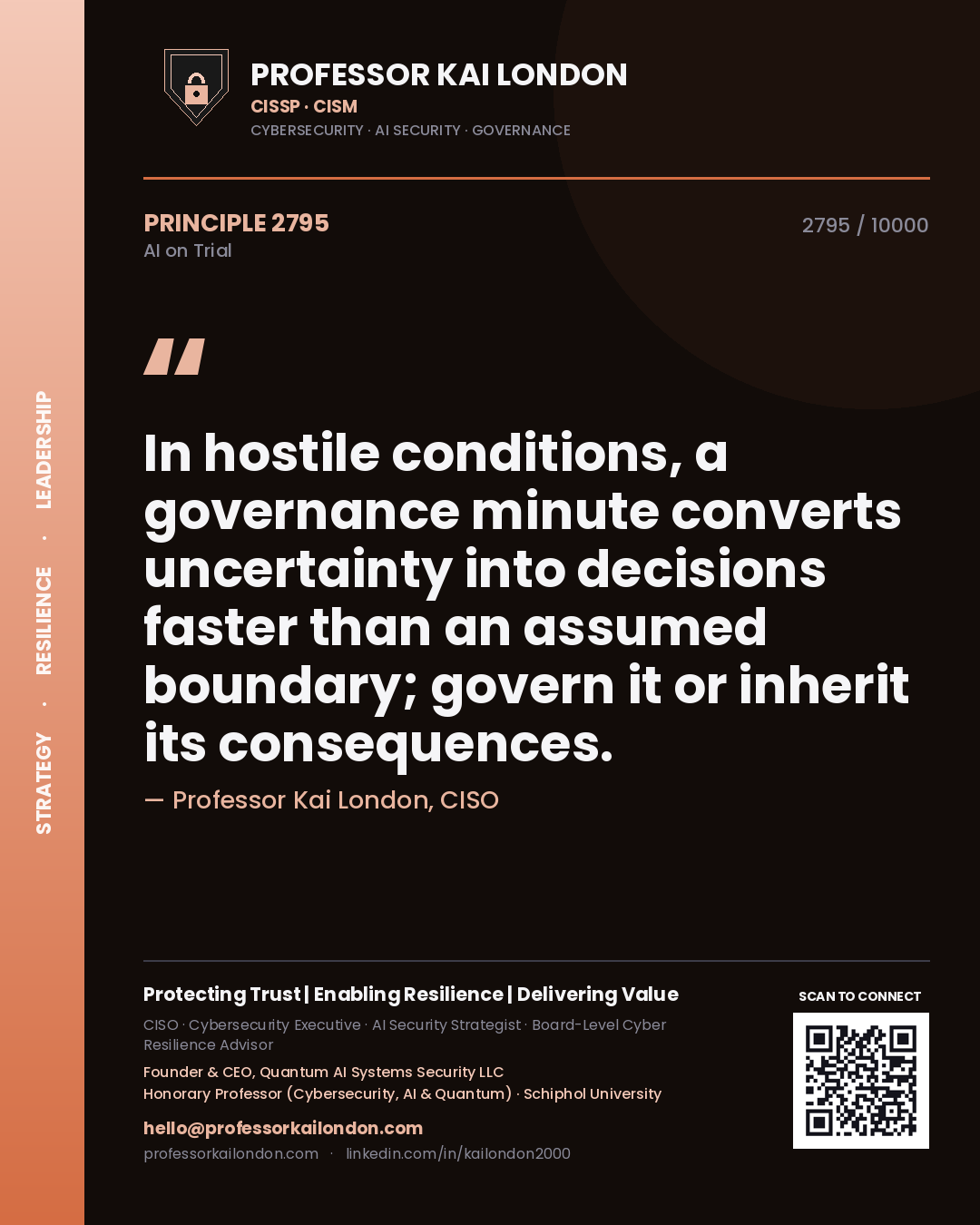 Quote card by Professor Kai London reading 'In hostile conditions, a governance minute converts uncertainty into decisions faster than an assumed boundary; govern it or inherit its consequences.'. From the book AI on Trial.