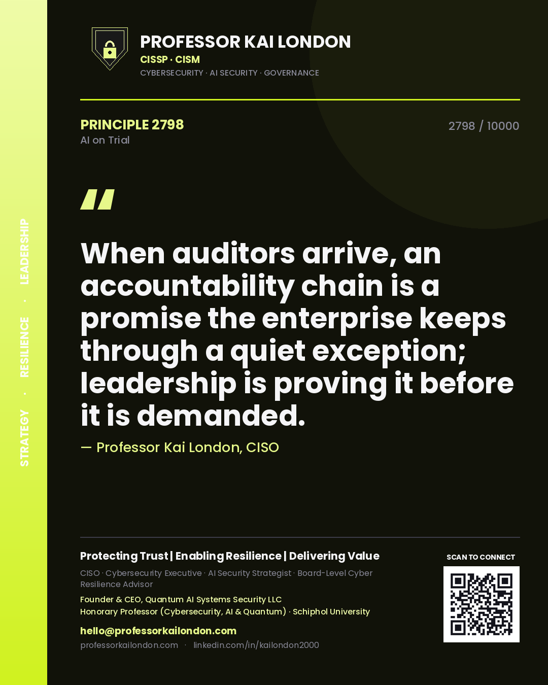 Quote card by Professor Kai London reading 'When auditors arrive, an accountability chain is a promise the enterprise keeps through a quiet exception; leadership is proving it before it is demanded.'. From the book AI on Trial.