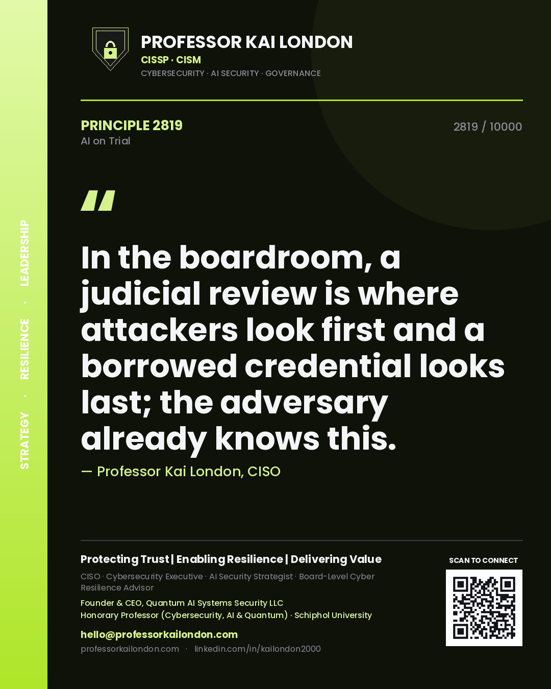 Quote card by Professor Kai London reading 'In the boardroom, a judicial review is where attackers look first and a borrowed credential looks last; the adversary already knows this.'. From the book AI on Trial.