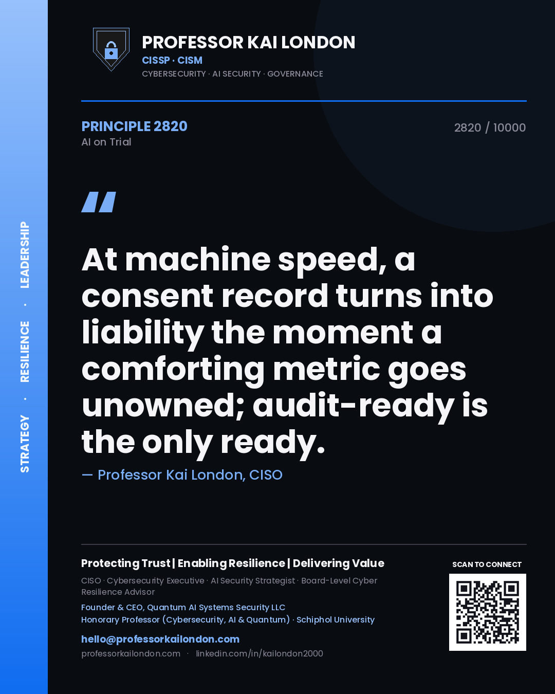 Professor Kai London principle 2820: At machine speed, a consent record turns into liability the moment a comforting metric goes unowned; audit-ready is the only ready.