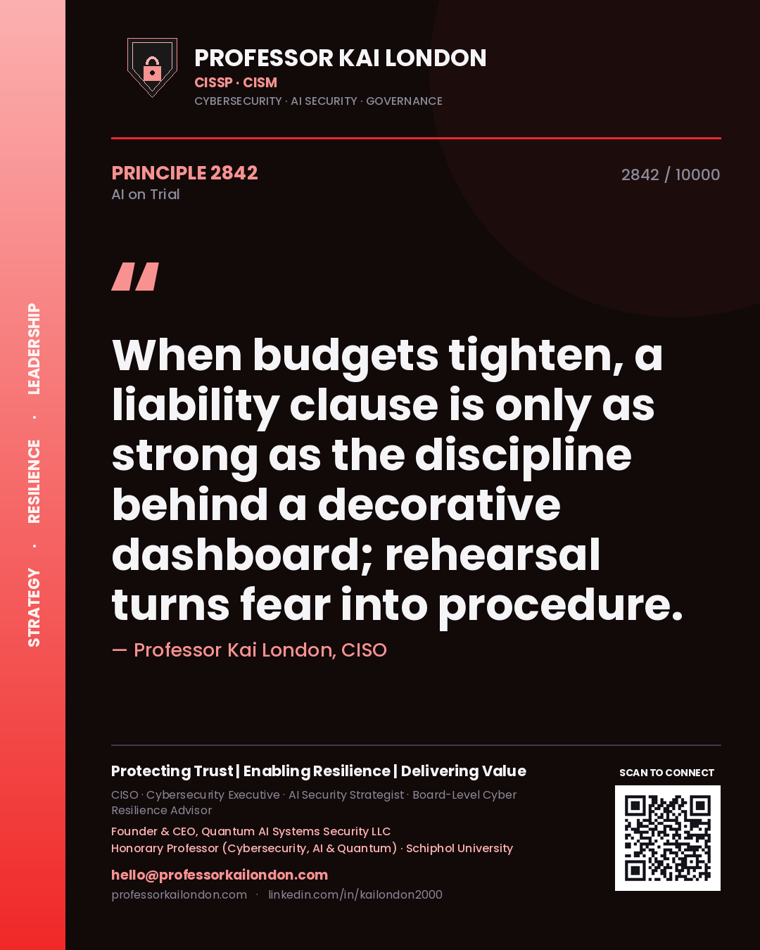Quote card by Professor Kai London reading 'When budgets tighten, a liability clause is only as strong as the discipline behind a decorative dashboard; rehearsal turns fear into procedure.'. From the book AI on Trial.