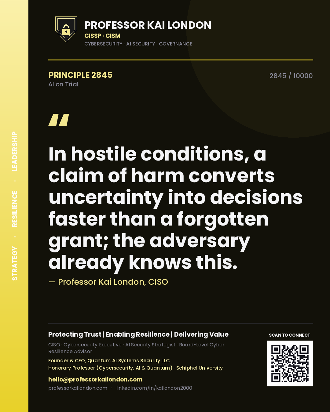 Quote card by Professor Kai London reading 'In hostile conditions, a claim of harm converts uncertainty into decisions faster than a forgotten grant; the adversary already knows this.'. From the book AI on Trial.