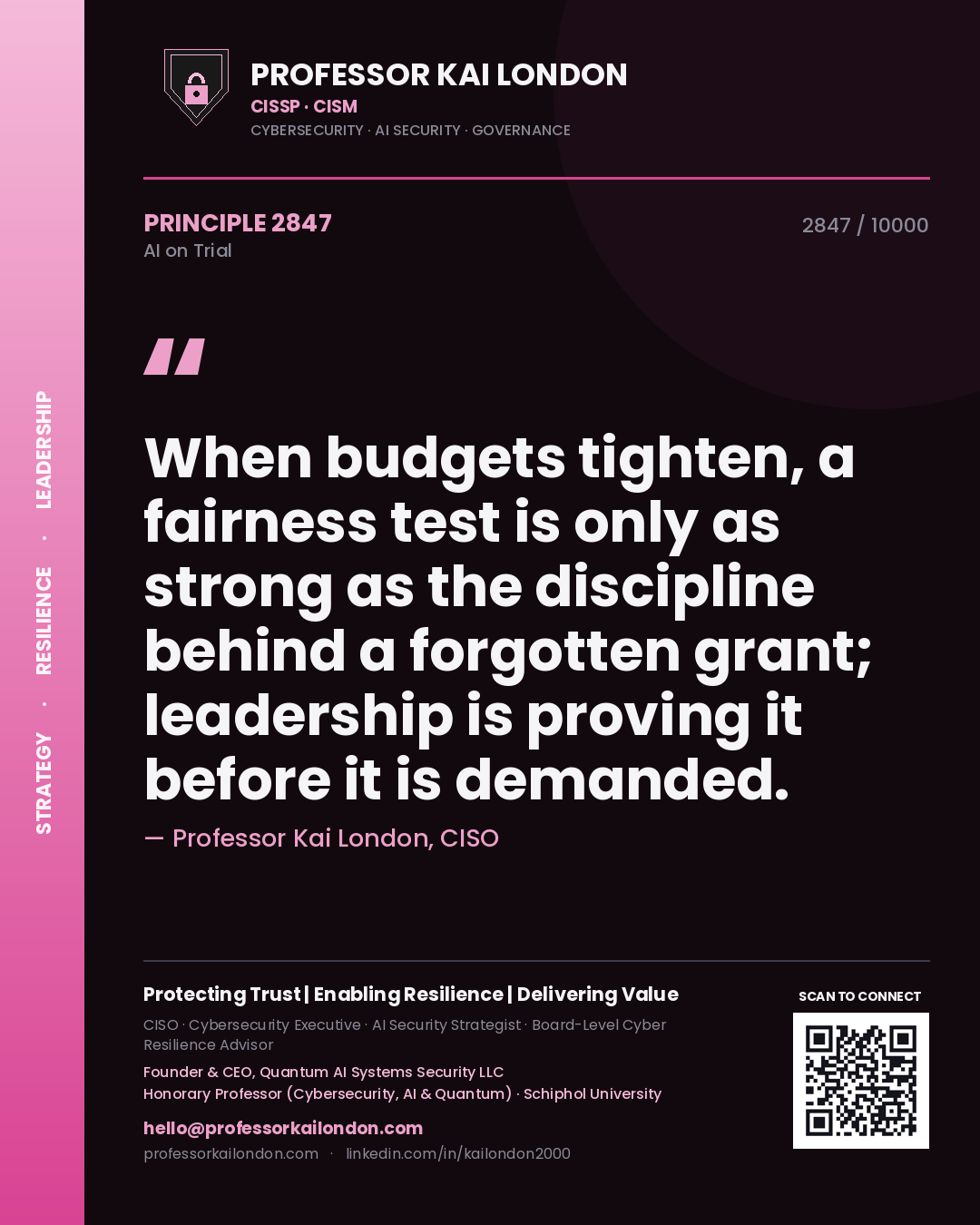 Quote card by Professor Kai London reading 'When budgets tighten, a fairness test is only as strong as the discipline behind a forgotten grant; leadership is proving it before it is demanded.'. From the book AI on Trial.