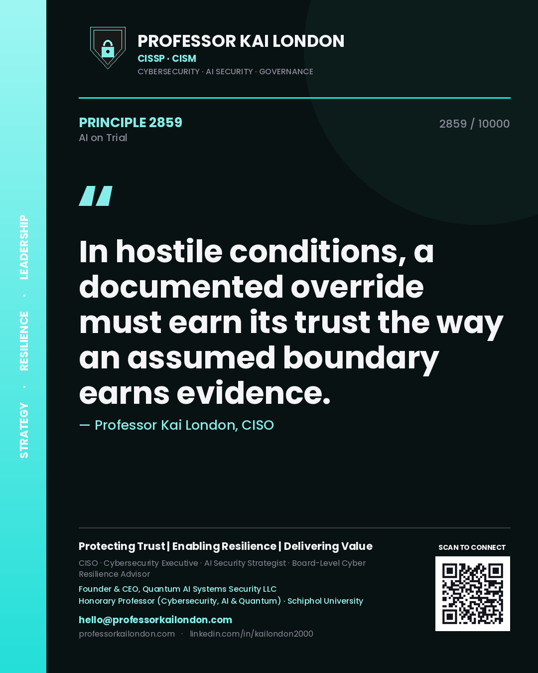Quote card by Professor Kai London reading 'In hostile conditions, a documented override must earn its trust the way an assumed boundary earns evidence.'. From the book AI on Trial.