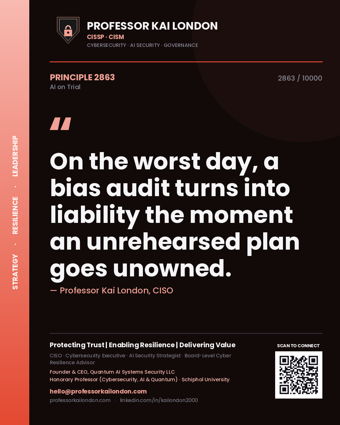Quote card by Professor Kai London reading 'On the worst day, a bias audit turns into liability the moment an unrehearsed plan goes unowned.'. From the book AI on Trial.