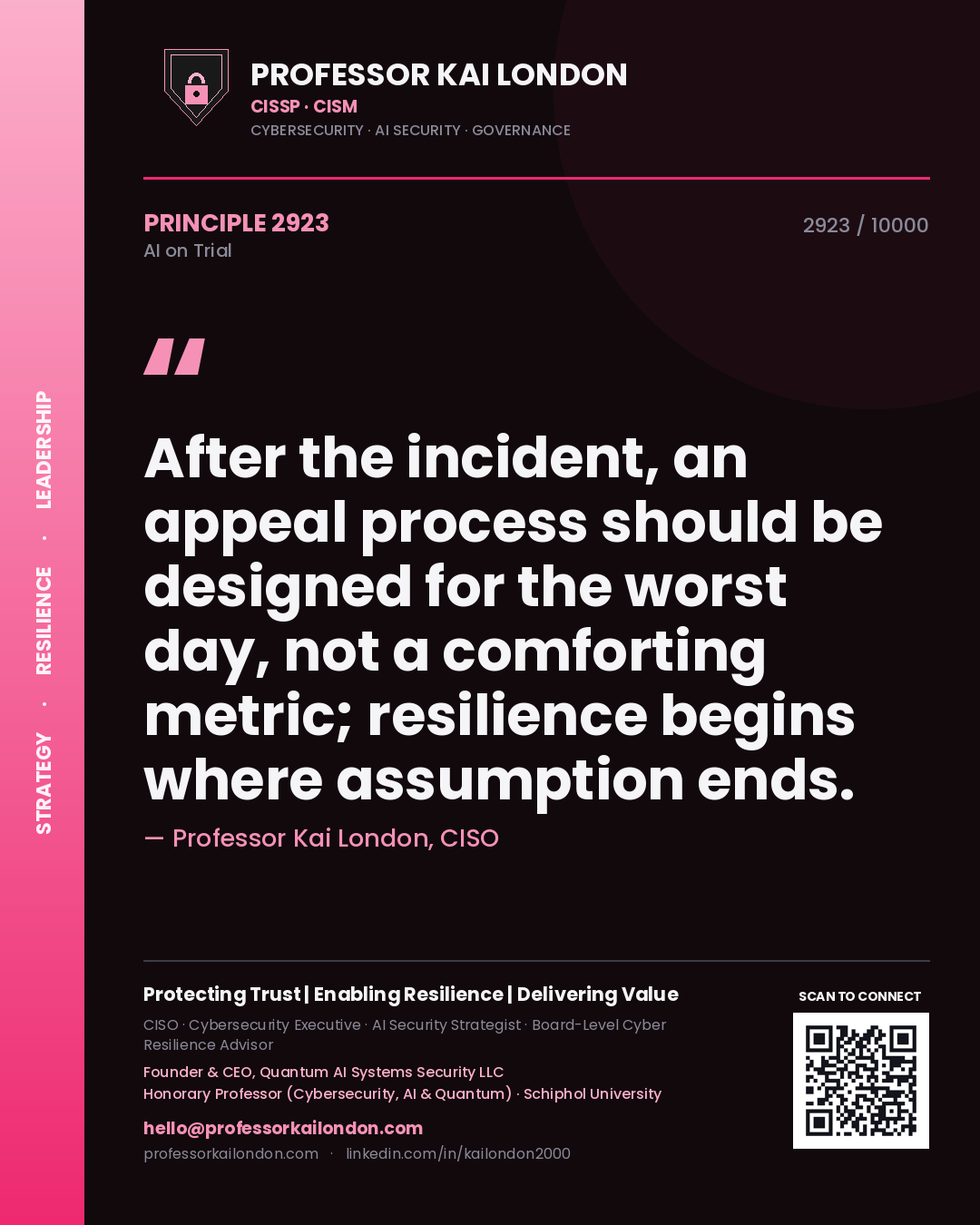 Quote card by Professor Kai London reading 'After the incident, an appeal process should be designed for the worst day, not a comforting metric; resilience begins where assumption ends.'. From the book AI on Trial.