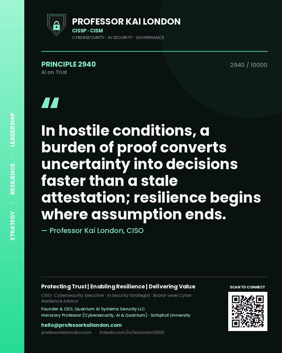 Professor Kai London principle 2940: In hostile conditions, a burden of proof converts uncertainty into decisions faster than a stale attestation; resilience begins where assumption ends.